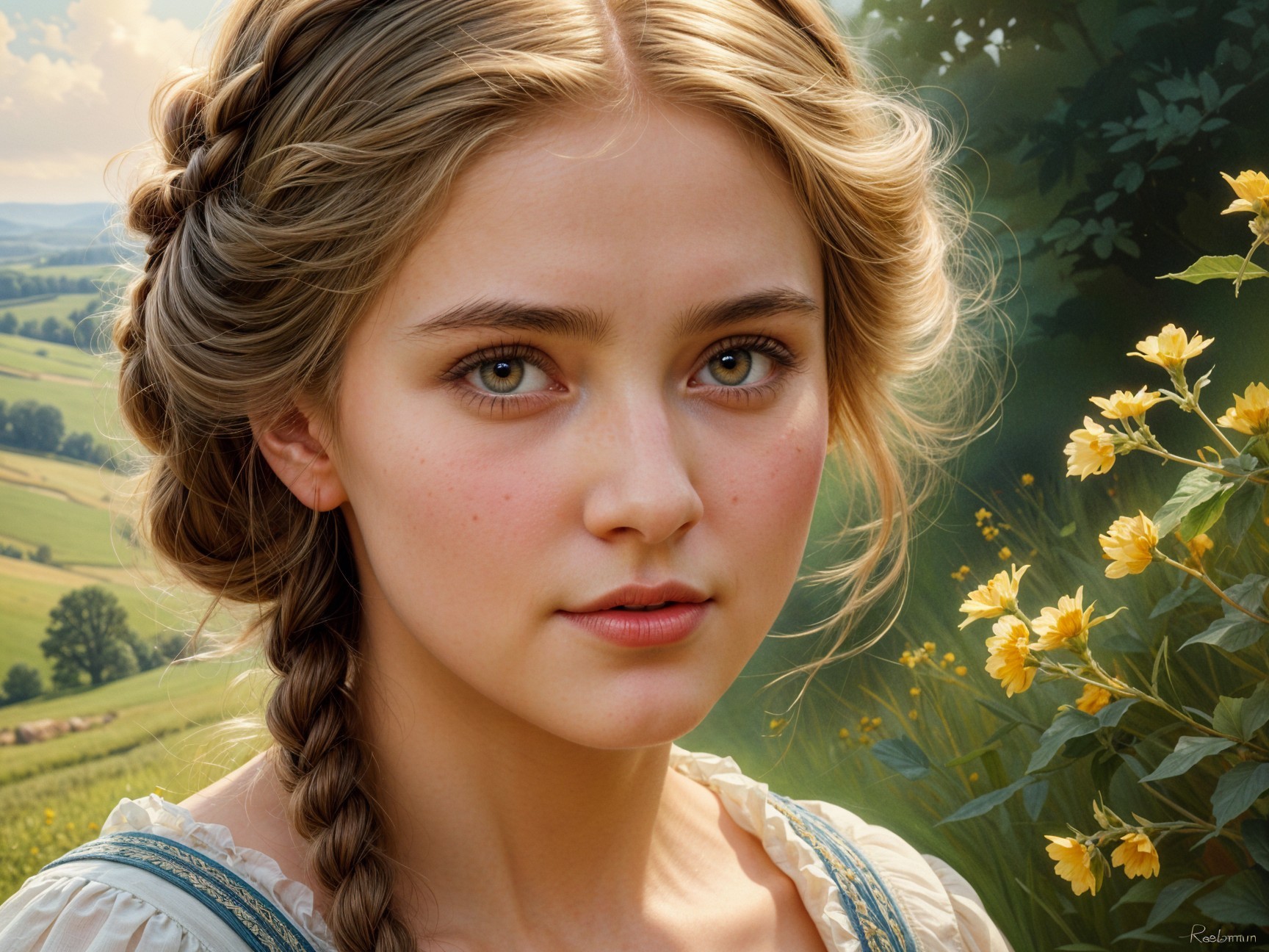 Young woman in light dress among hills and flowers