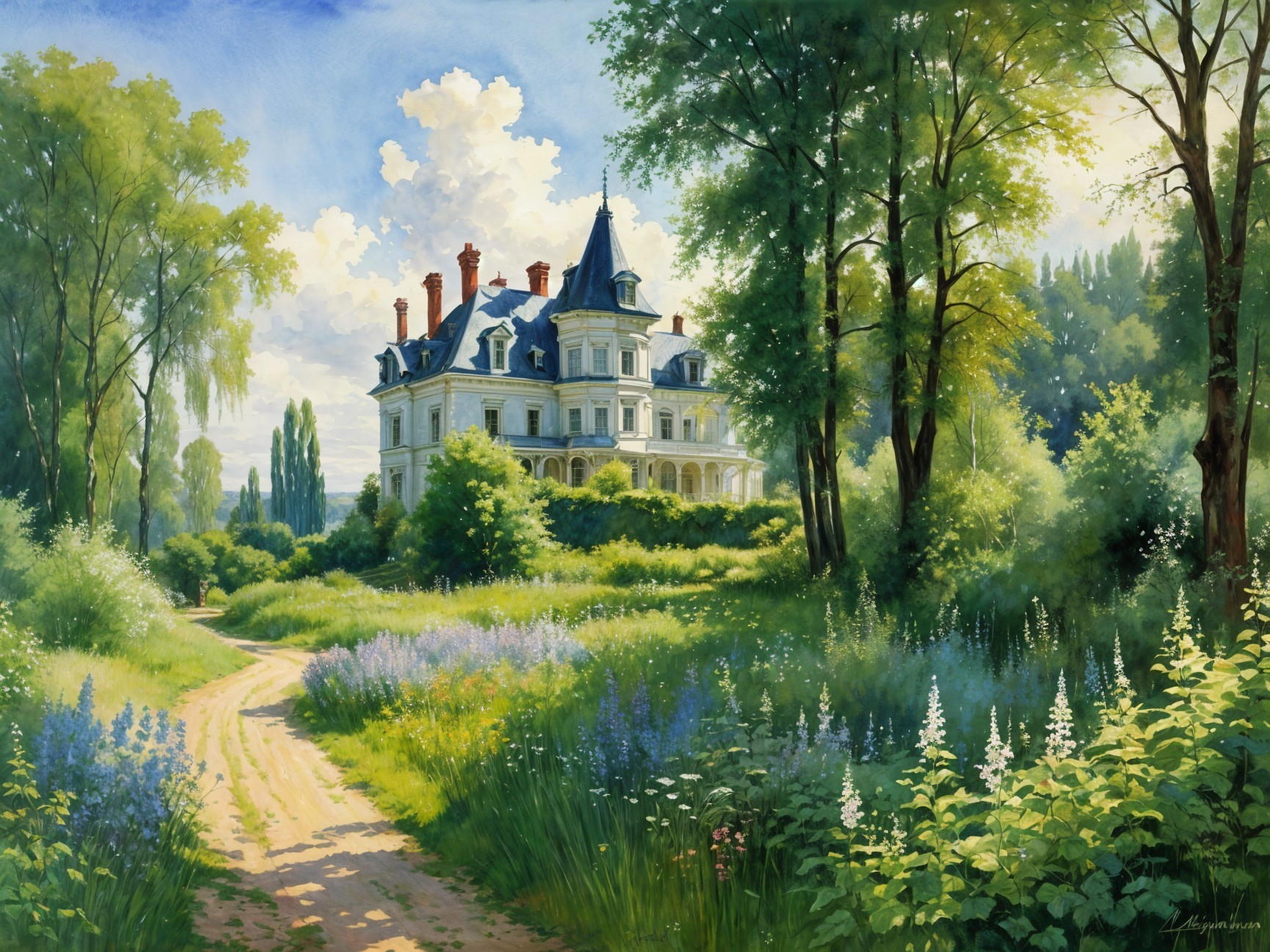 Grand White Mansion with Blue Turret in Countryside