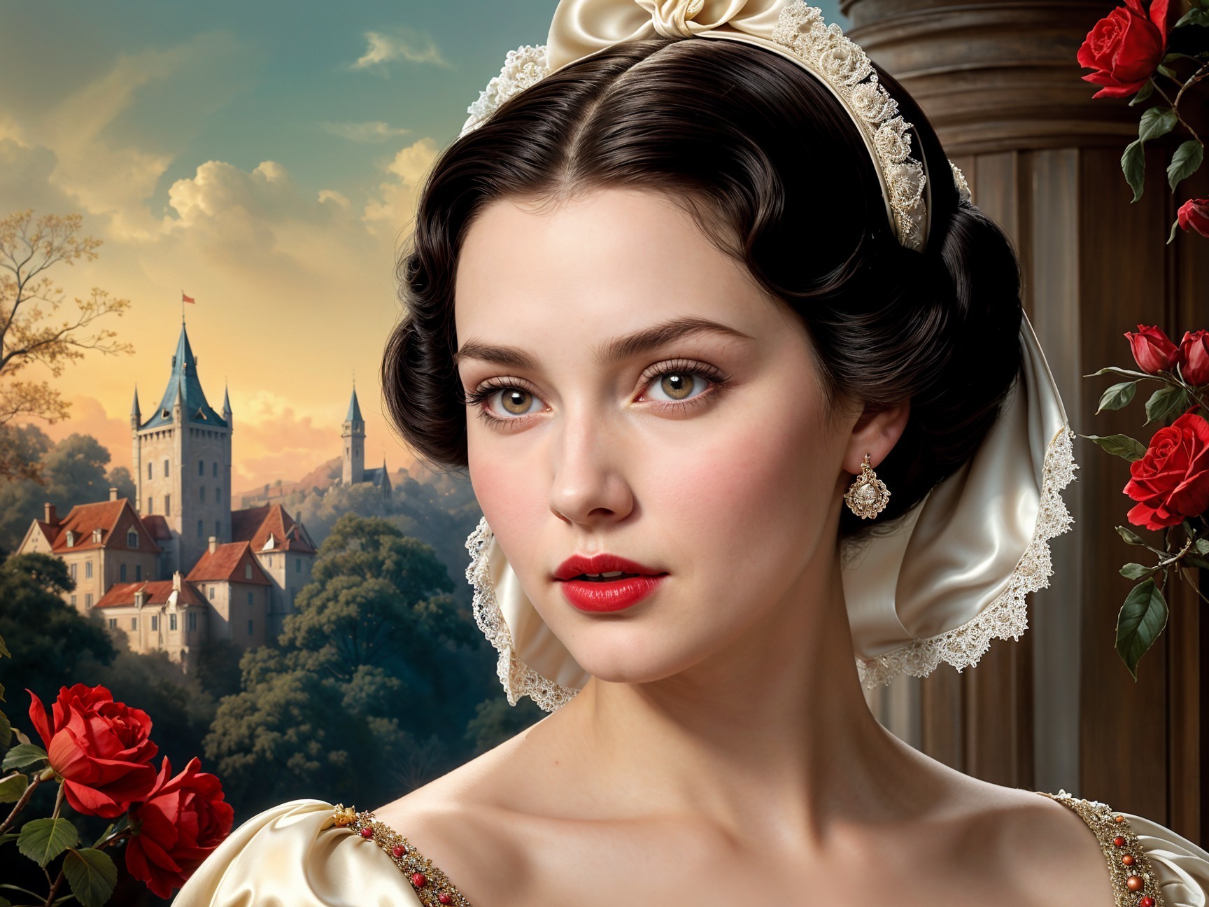 Young woman in gown amid fairy-tale landscape