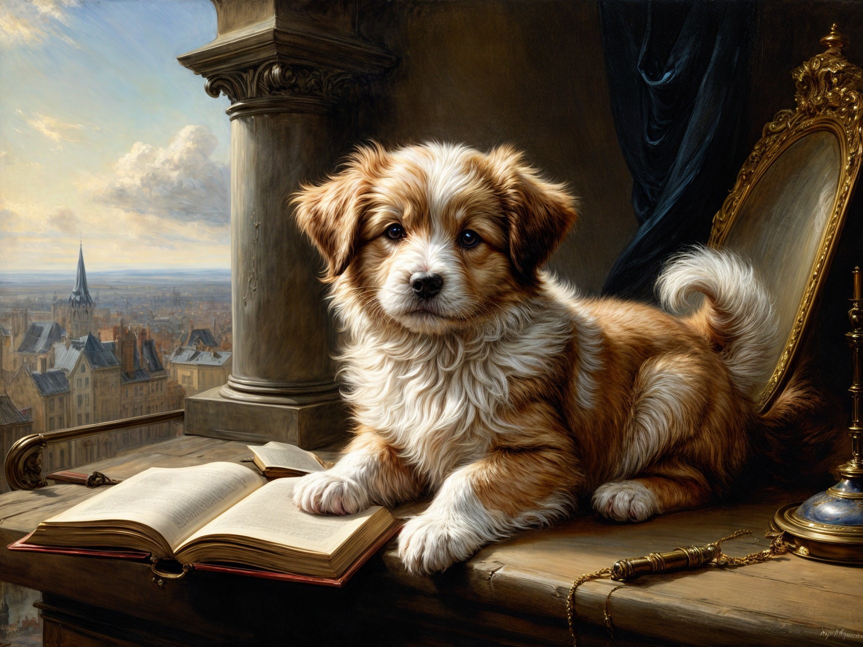 Fluffy Puppy on Table with City Skyline Background