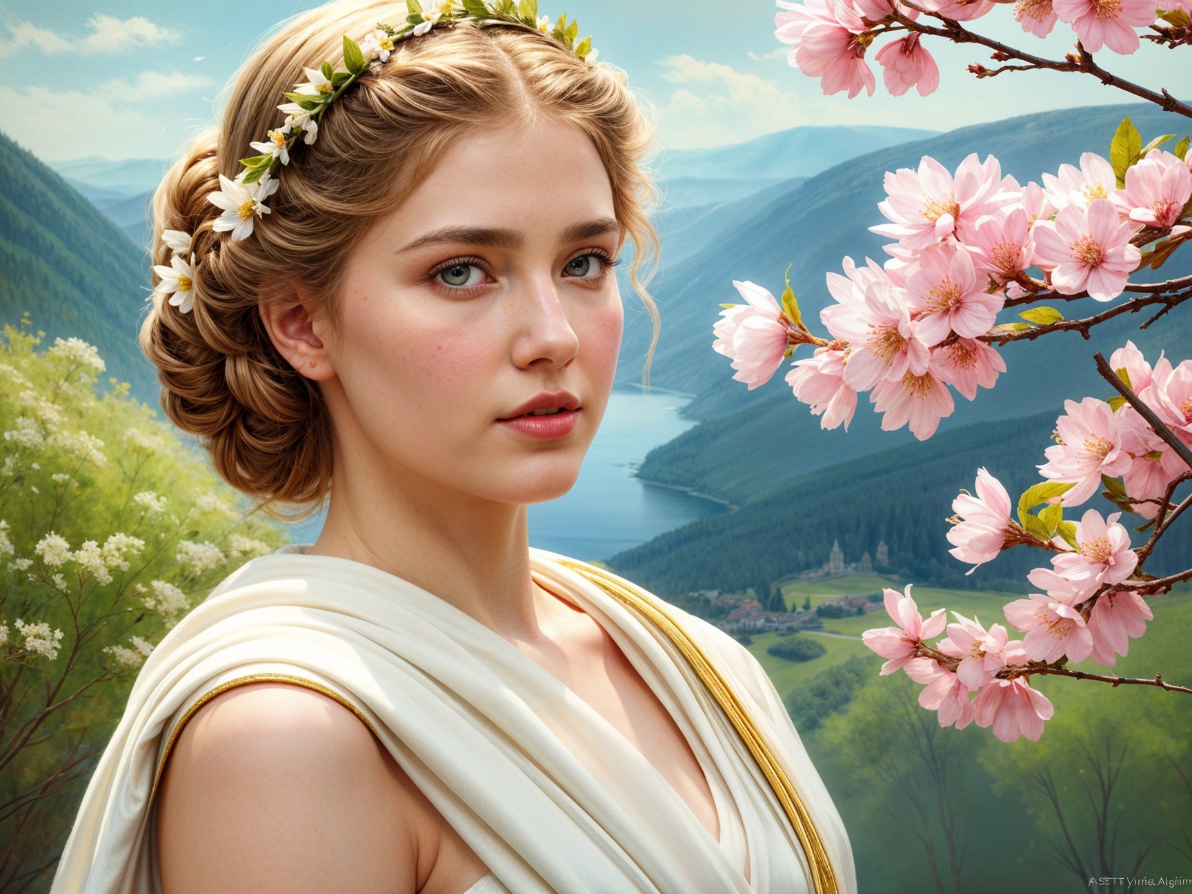 Young woman in serene landscape with cherry blossoms