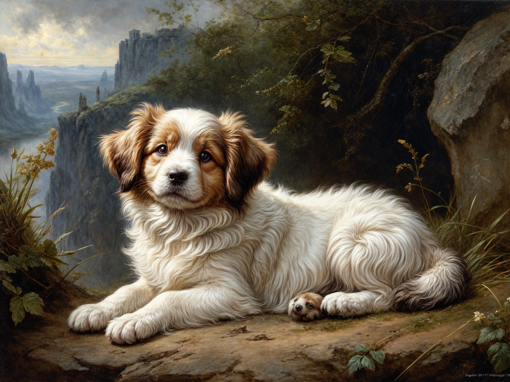 Fluffy Puppy Relaxing in Scenic Natural Landscape