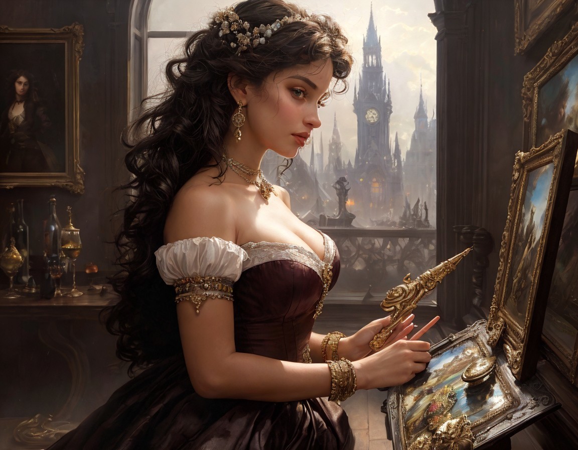 Historical gown woman painting in luxurious gothic room.