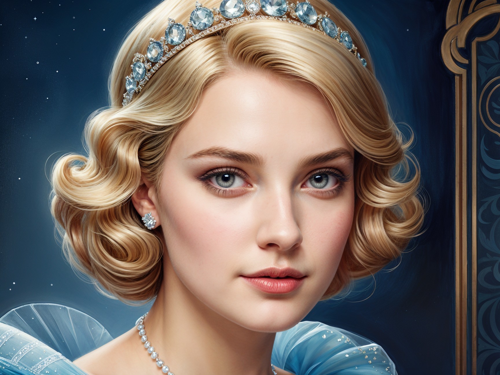Young woman in elegant gown with sparkling tiara