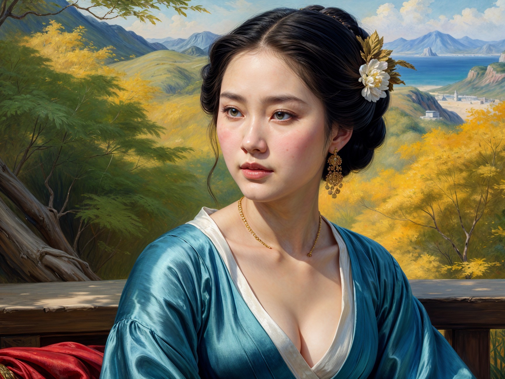 Young Woman in Traditional Attire in Vibrant Landscape