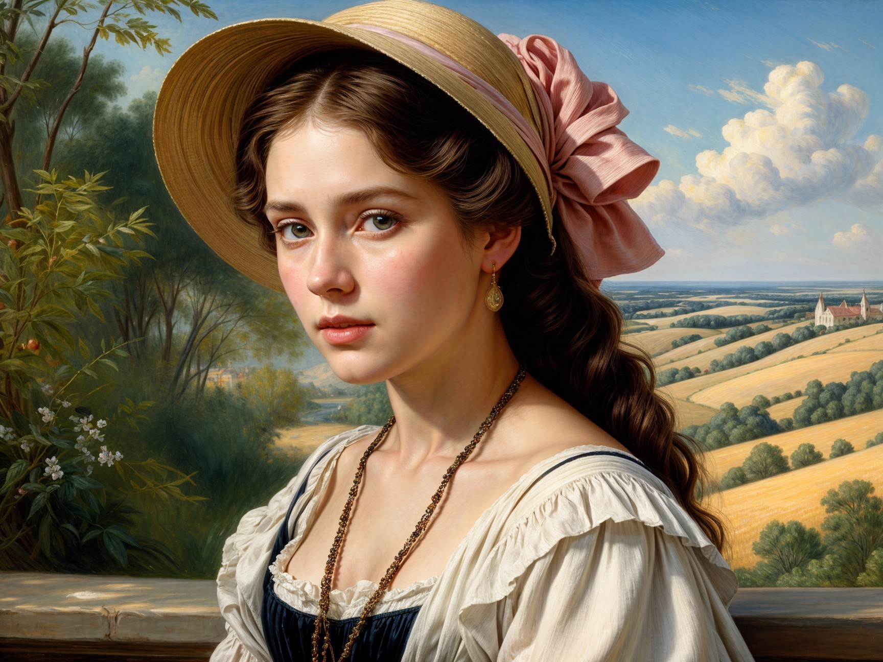 Young Woman in Straw Hat Against Scenic Landscape