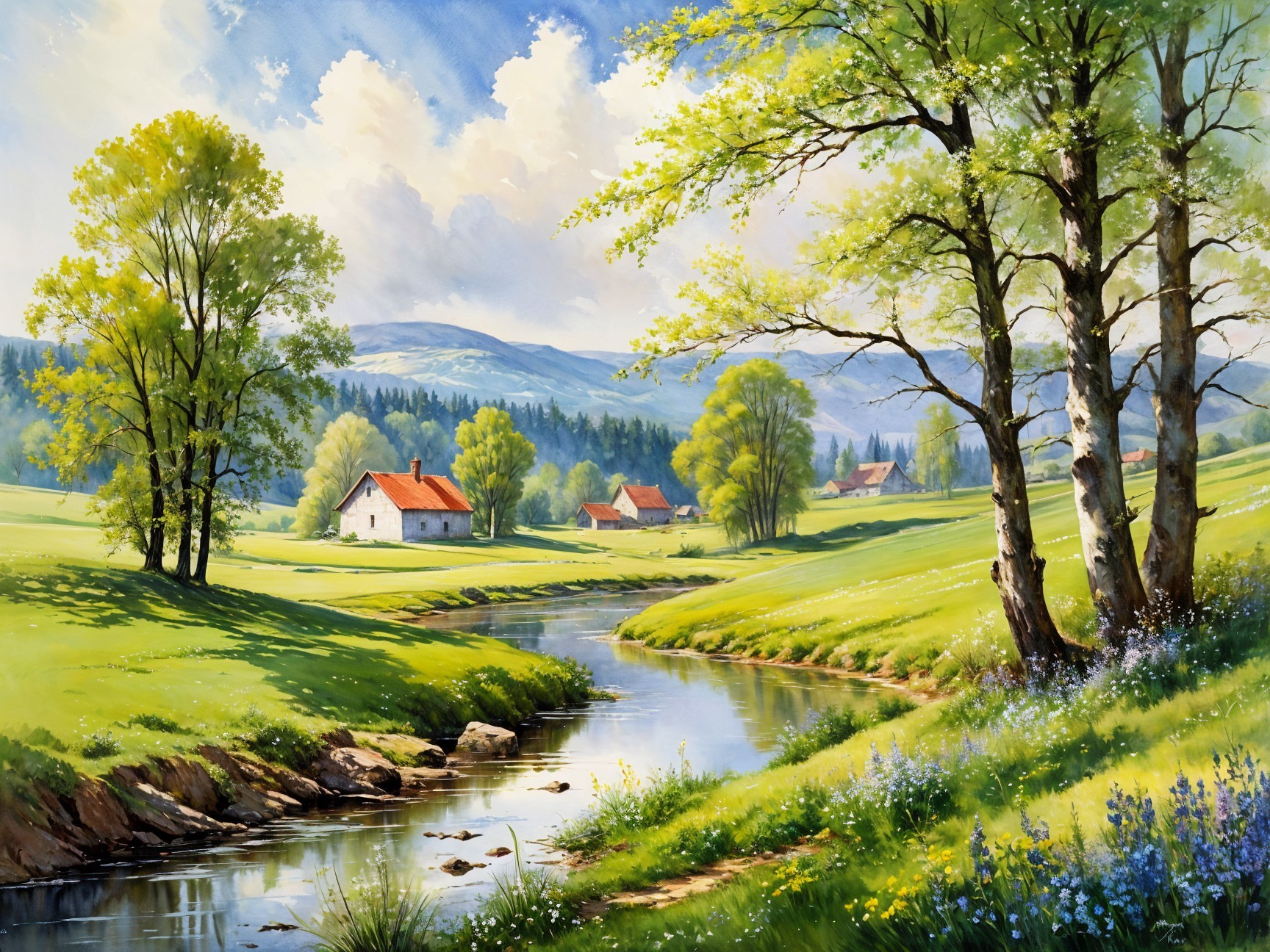 Idyllic Landscape with Green Fields and Stream
