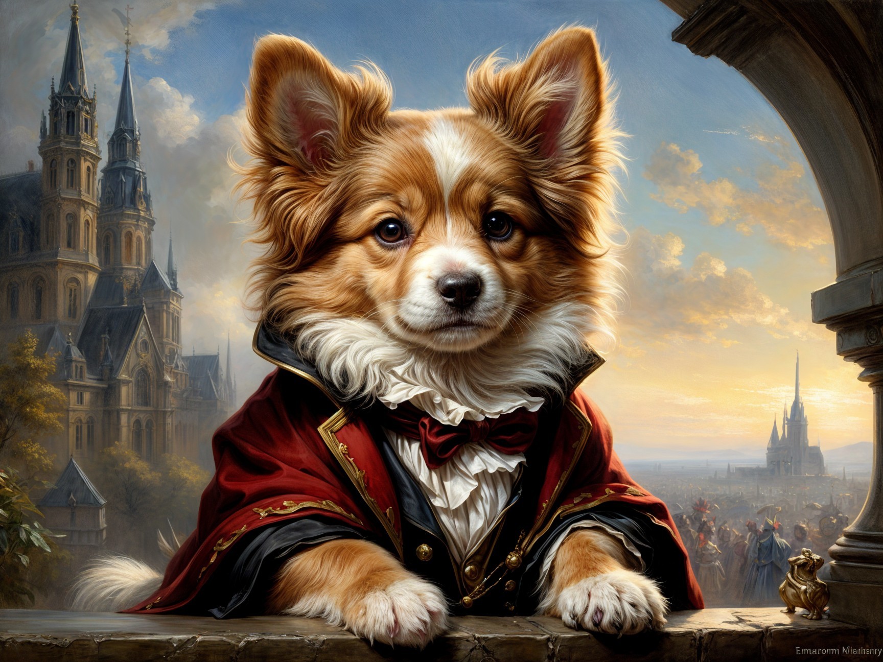 Regal Corgi in Elaborate Coat Against Castle Landscape
