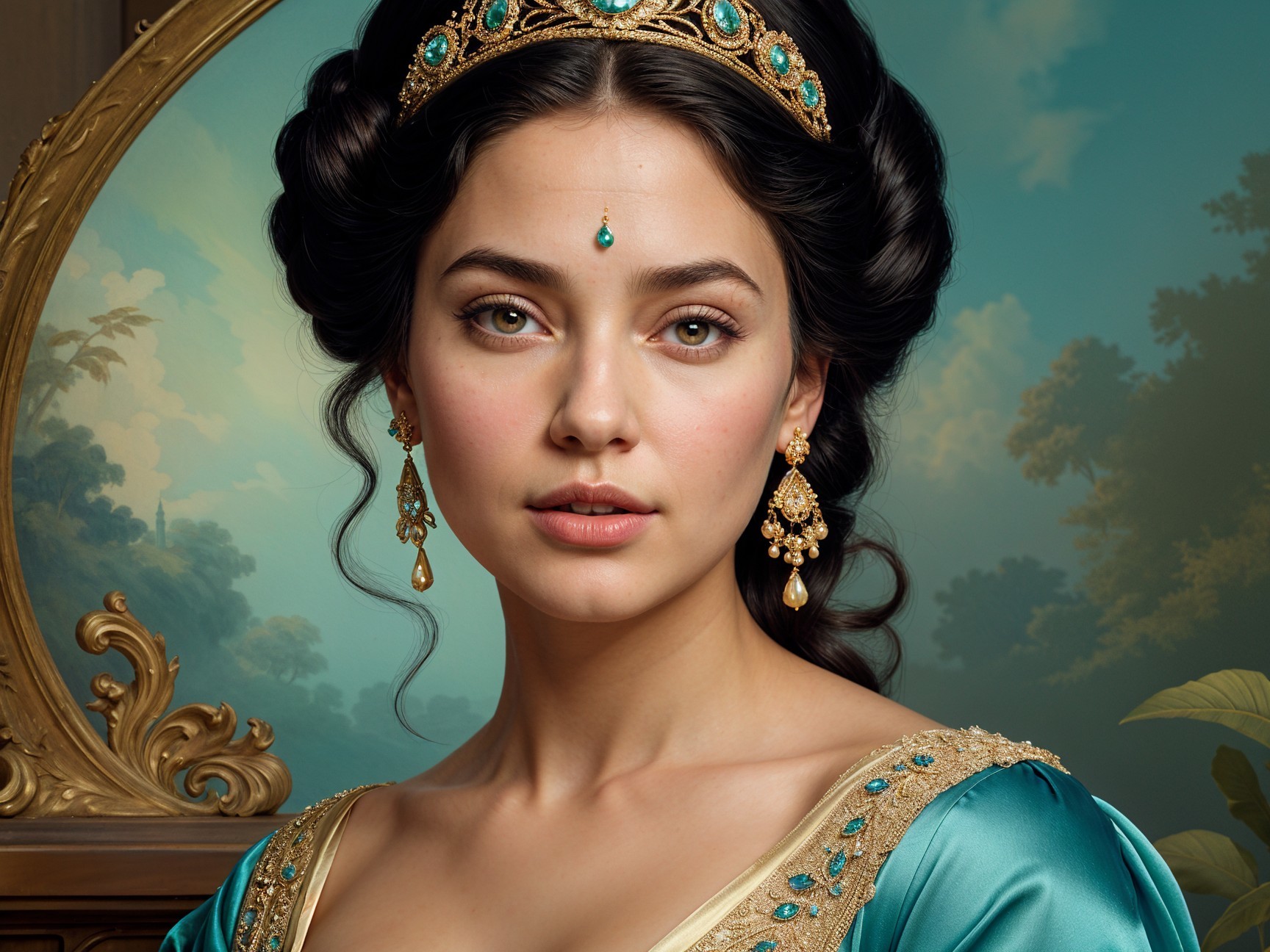 Regal Woman in Gold Crown and Turquoise Gemstones