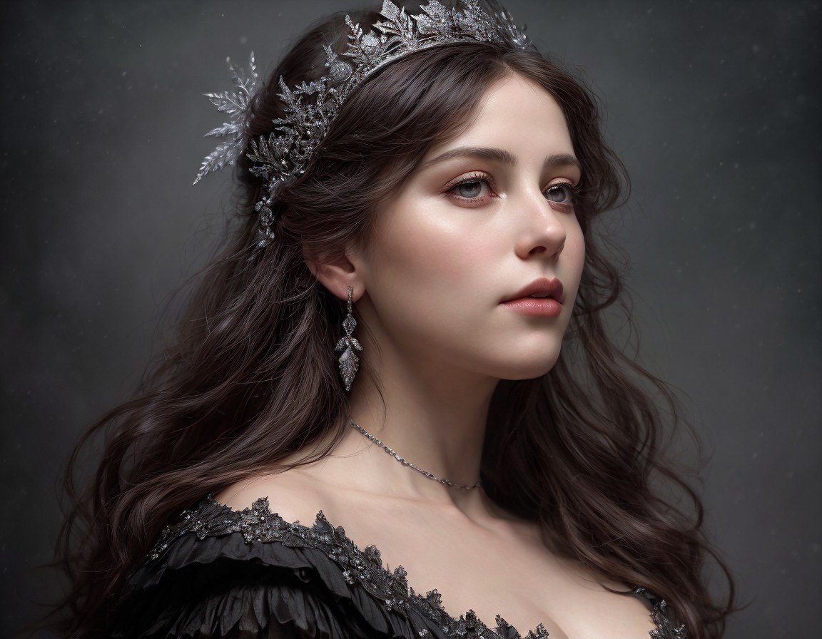 Dark-haired woman in silver crown and black dress exudes regal aura
