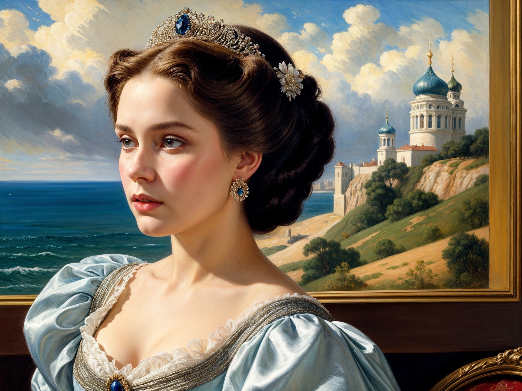 Young Woman in Elegant Blue Gown by Coastal Landscape