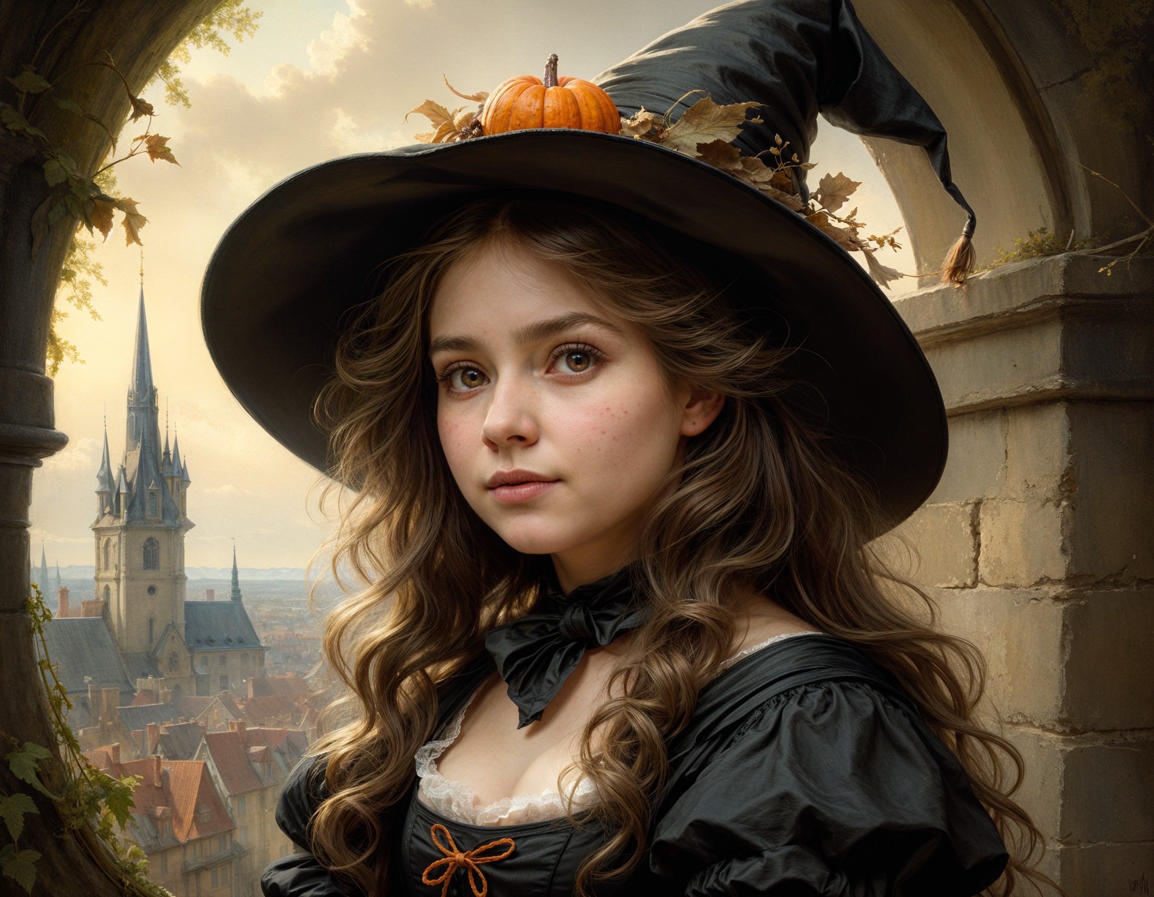 Young girl in witch's hat at medieval town archway