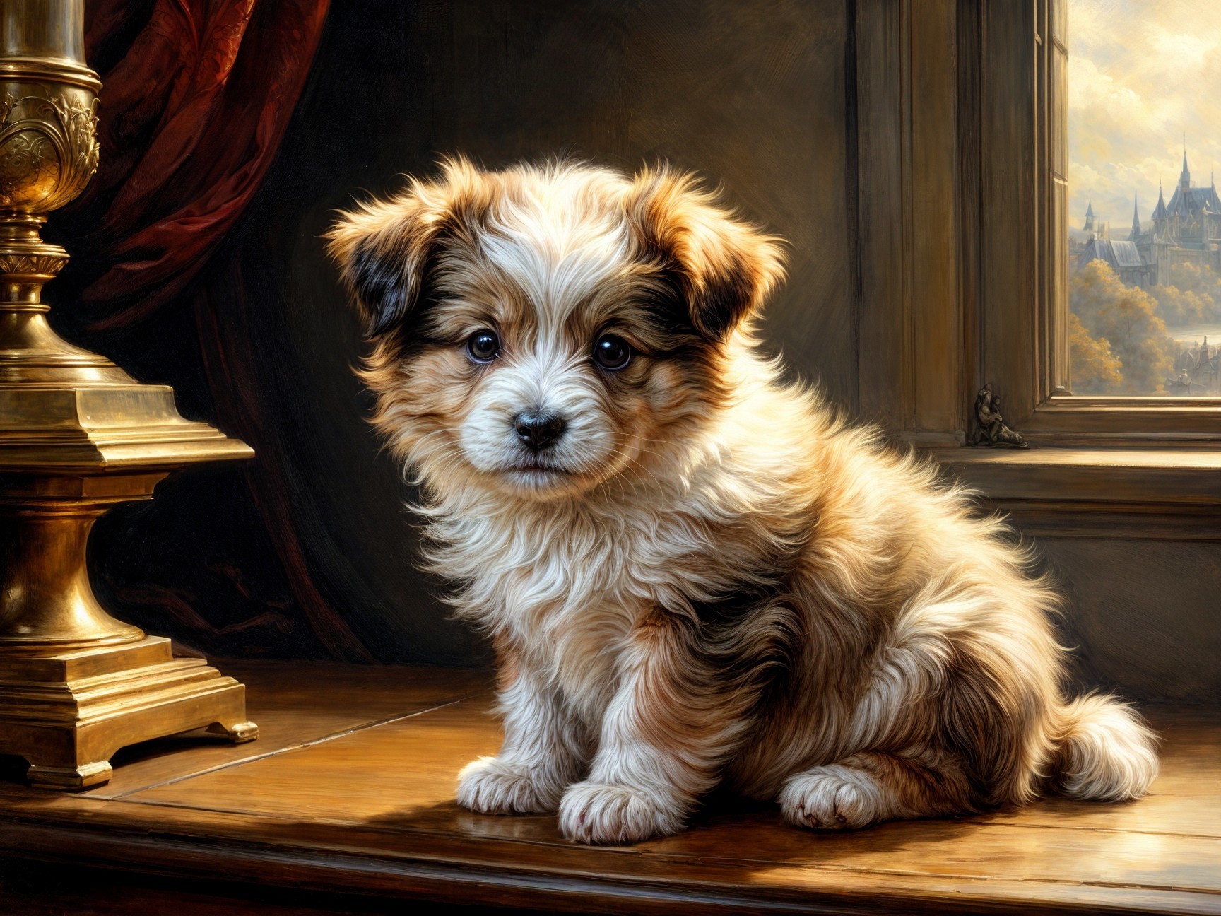 Fluffy Cream and Brown Puppy on Wooden Surface