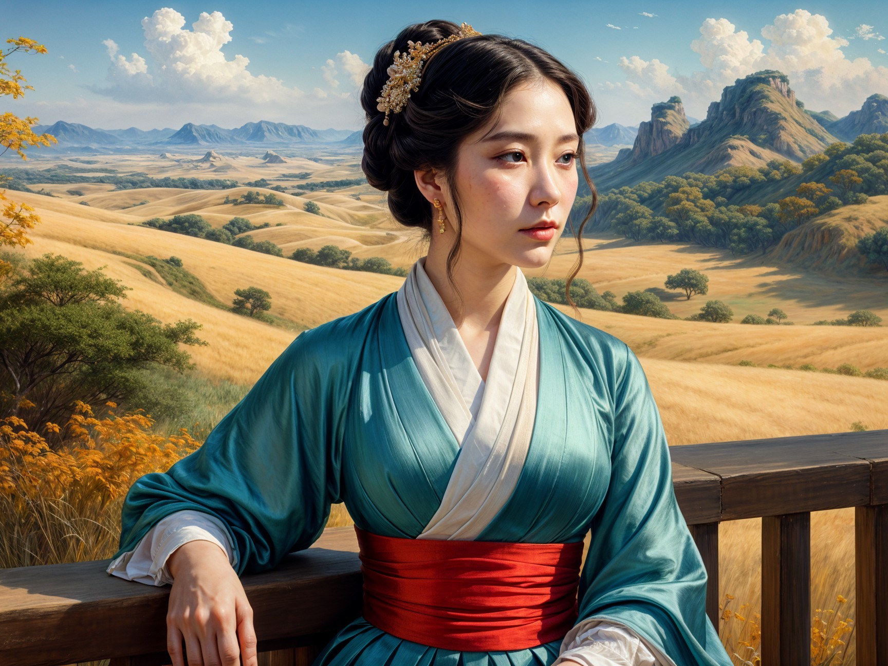 Woman in Traditional Attire in Serene Landscape