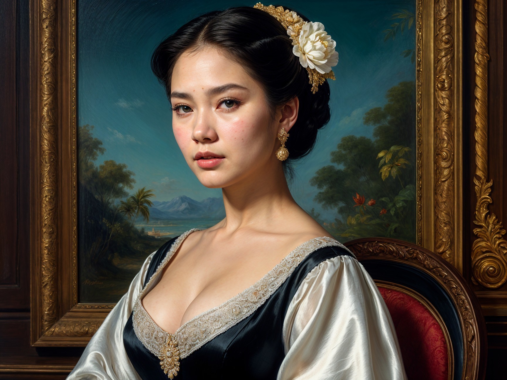 Elegant Portrait of a Woman in Black and Silver Gown