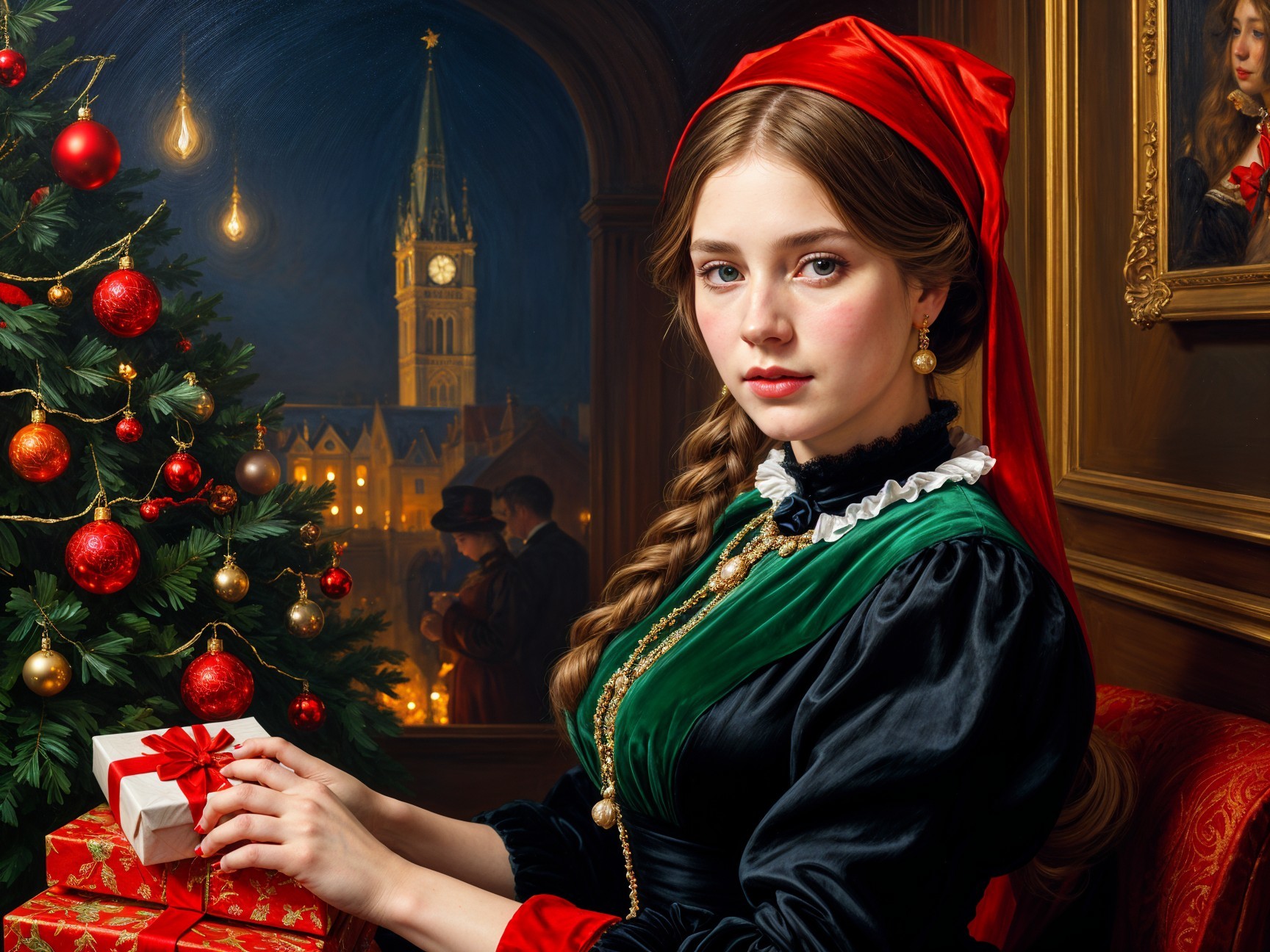 Young Woman by Christmas Tree with Festive Gift