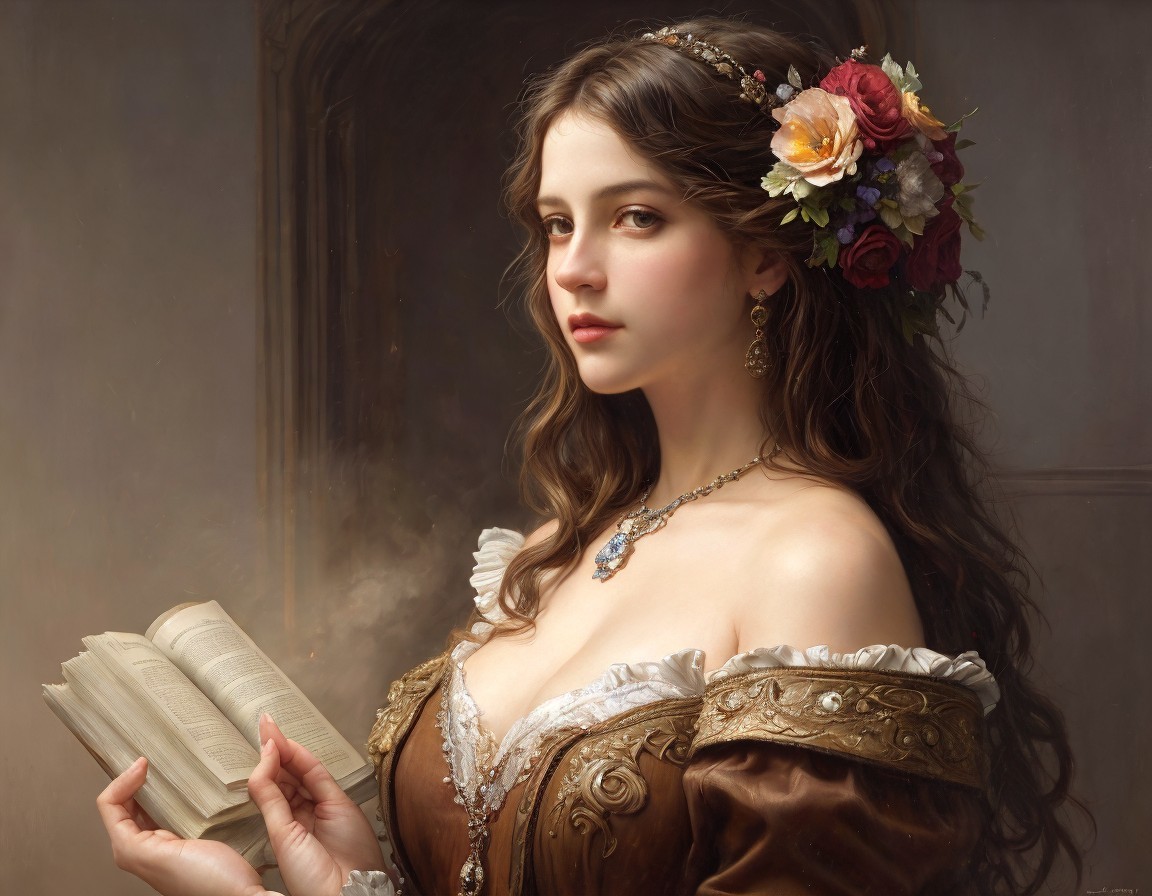 Young woman in floral crown with open book and gown