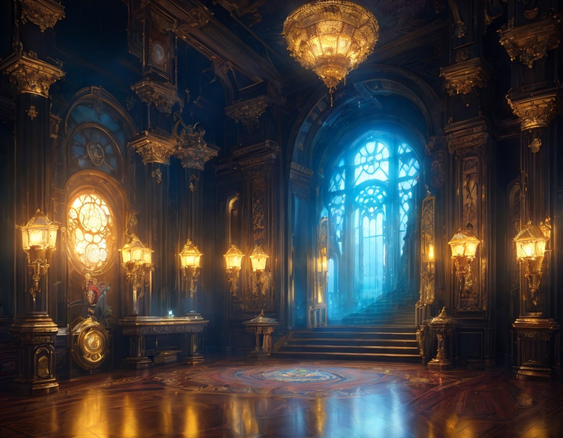 Opulent Dimly Lit Room with Gilded Details and Chandeliers