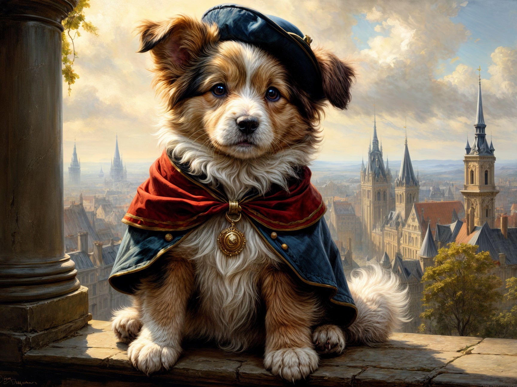 Fluffy Dog in Cloak Against Enchanting Cityscape