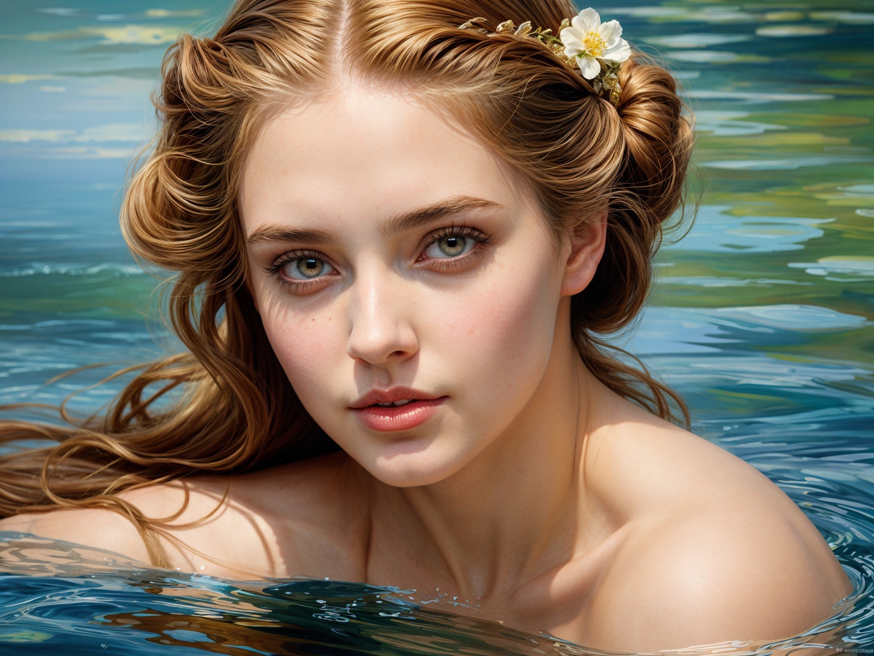 Young woman in water with flowers and glowing skin