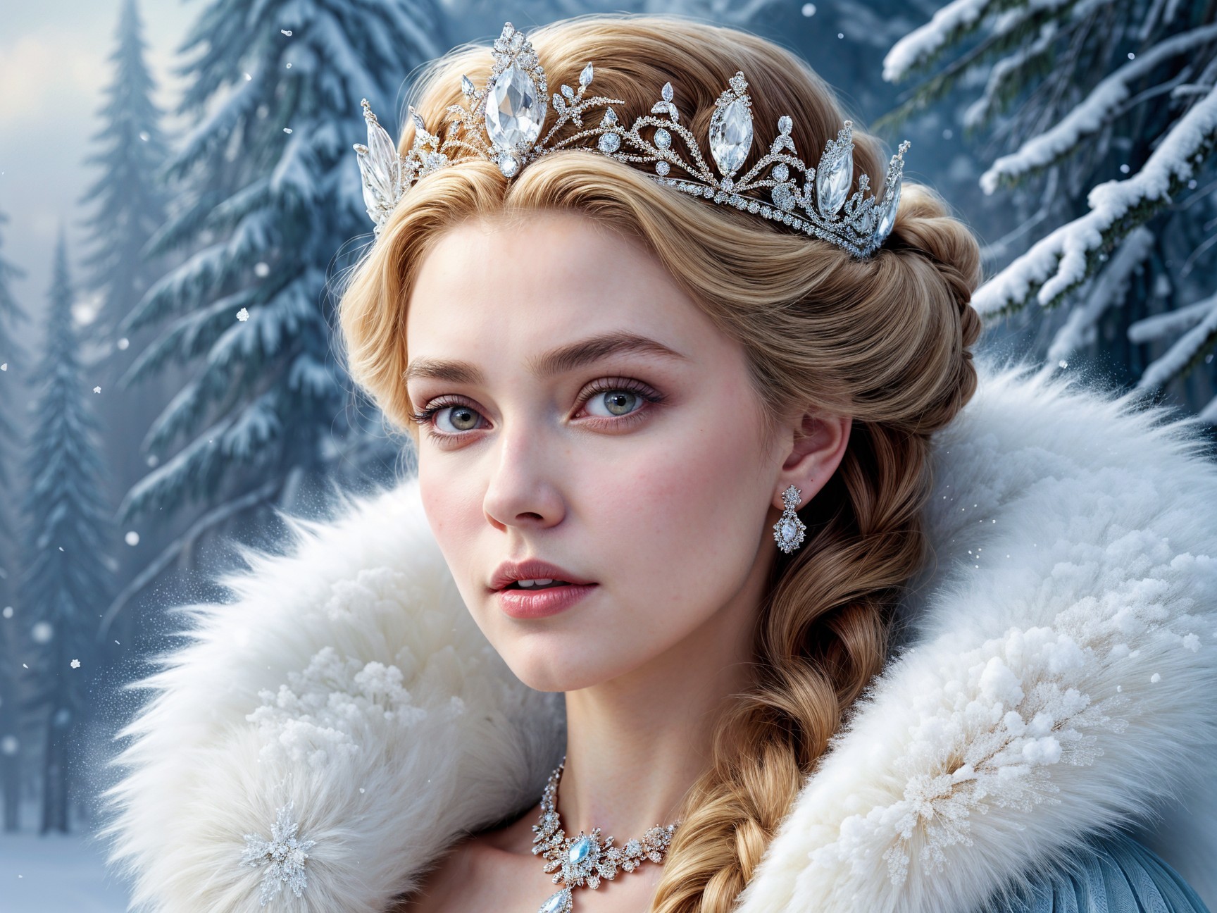 Young woman in fur cloak in snowy forest setting