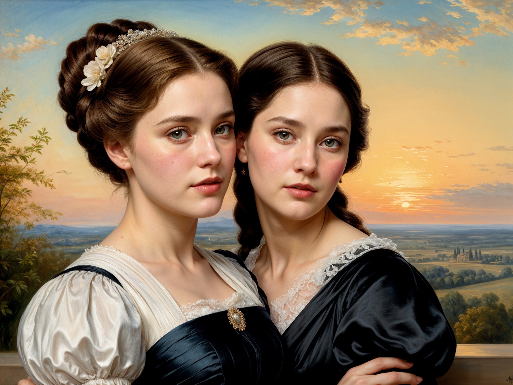 Elegant Young Women in Sunset Landscape Painting