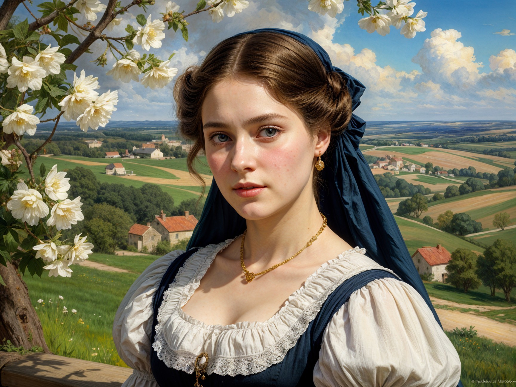 Young Woman in Traditional Outfit Against Countryside