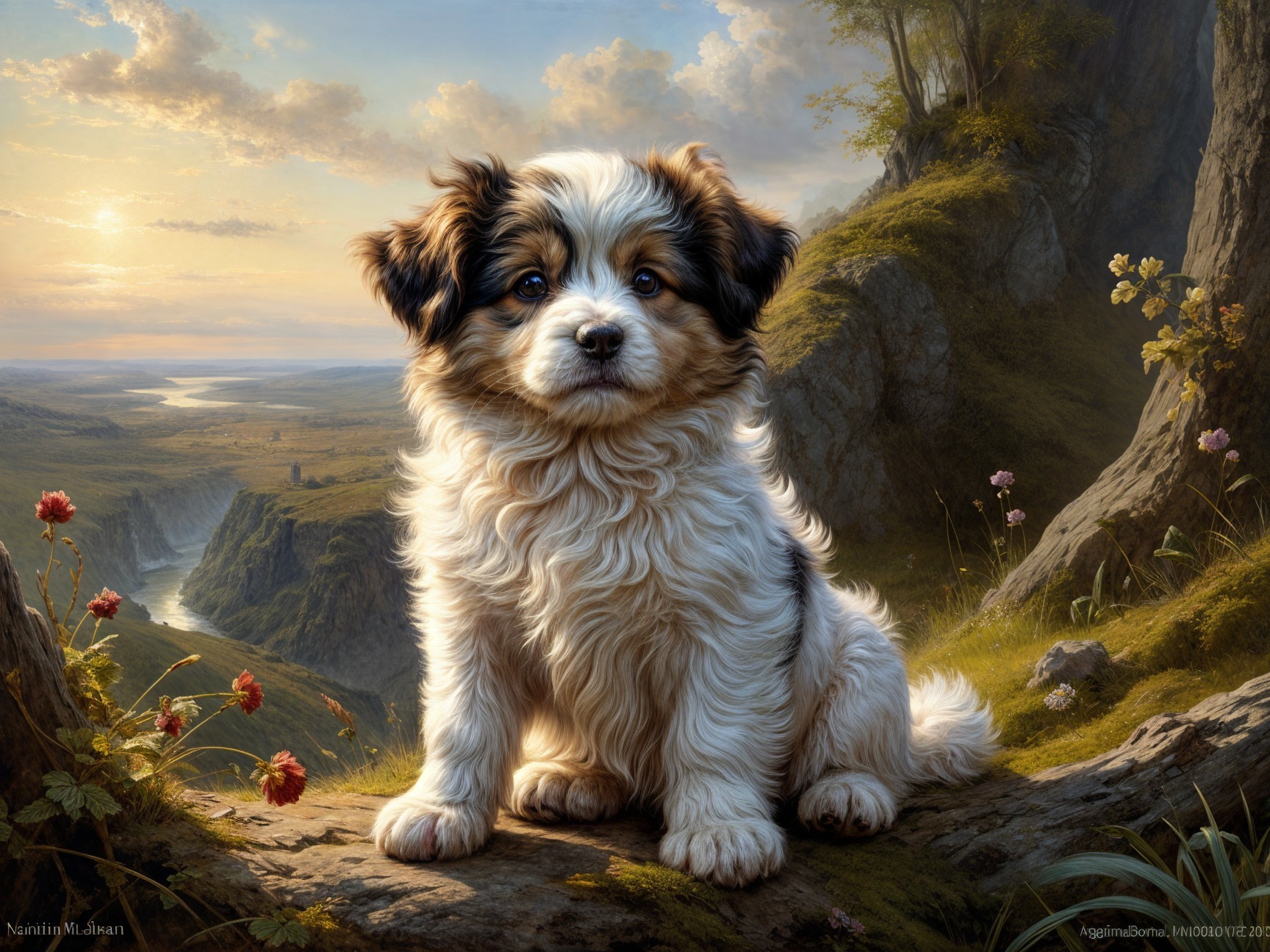 Fluffy Dog on Rocky Ledge with Scenic Landscape