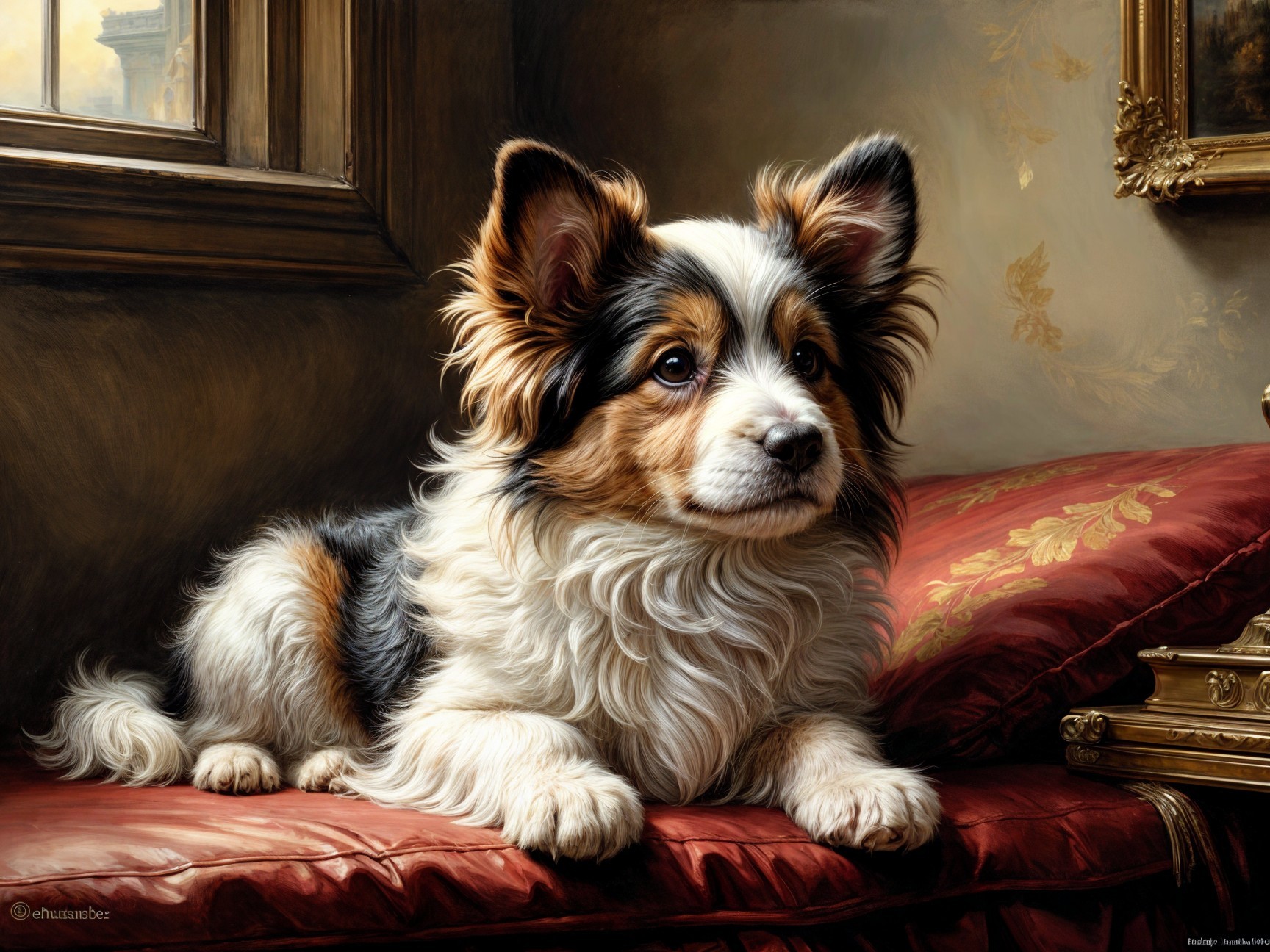 Fluffy Dog Resting on Red Cushion in Sunlit Room