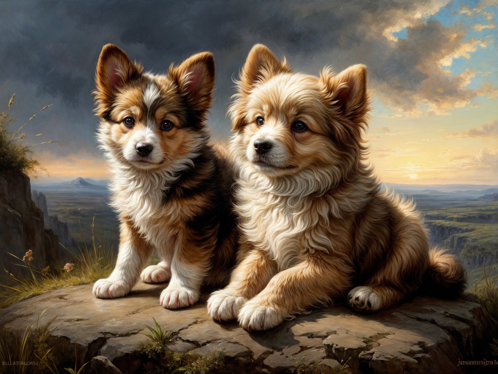 Puppies on Rocky Ledge with Sunset Background