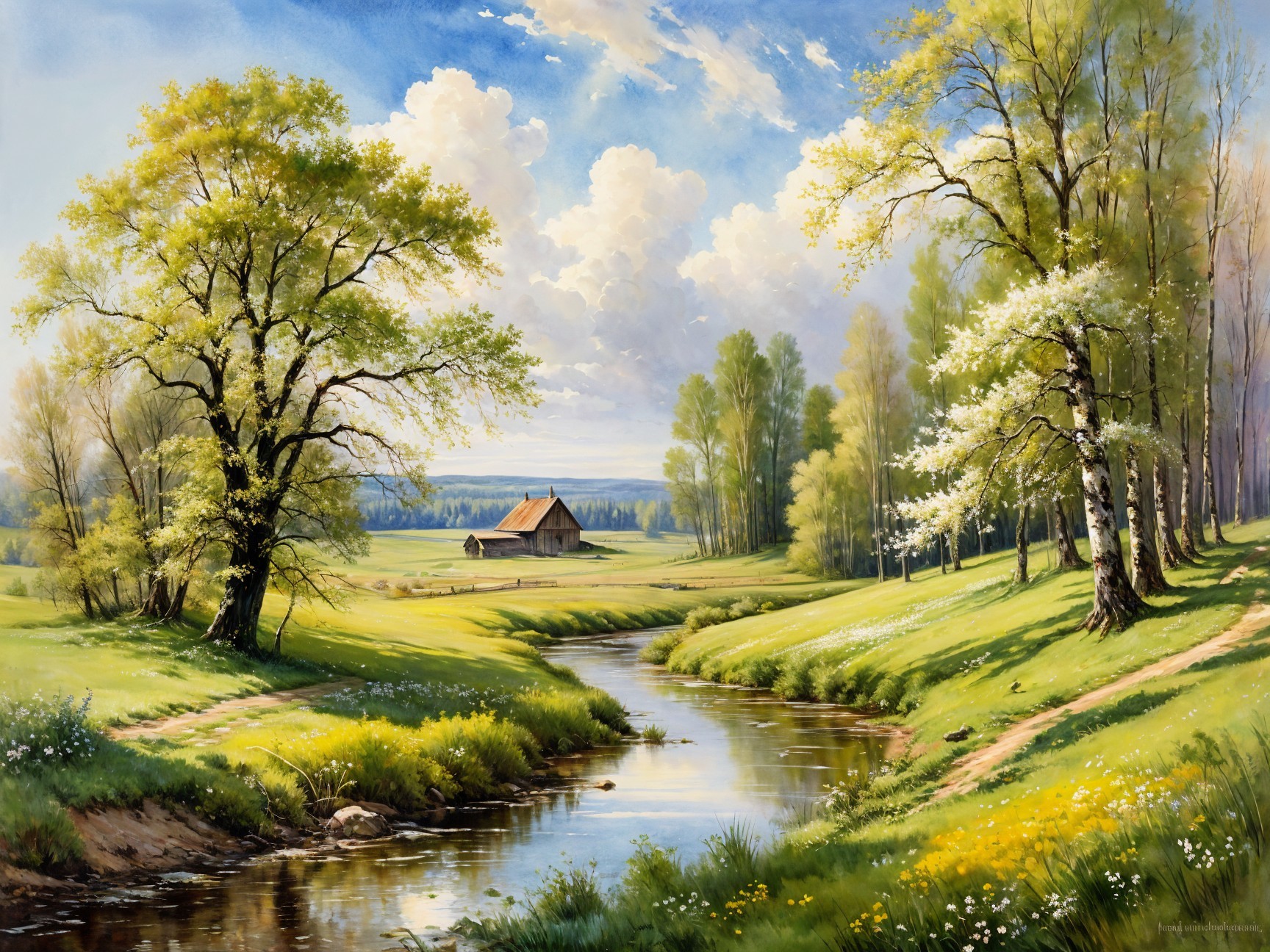 Tranquil River Landscape with Lush Meadows and Trees