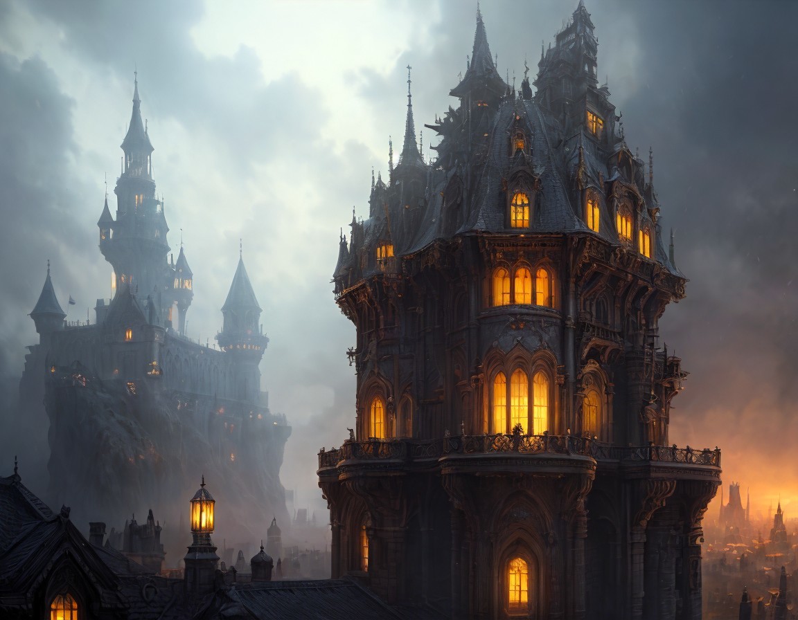 Gothic castle illuminated by warm lights in dusky mist.