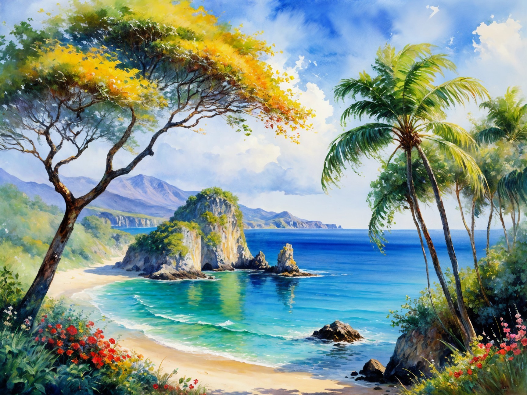 Vibrant Beach Scene with Turquoise Waters and Palms