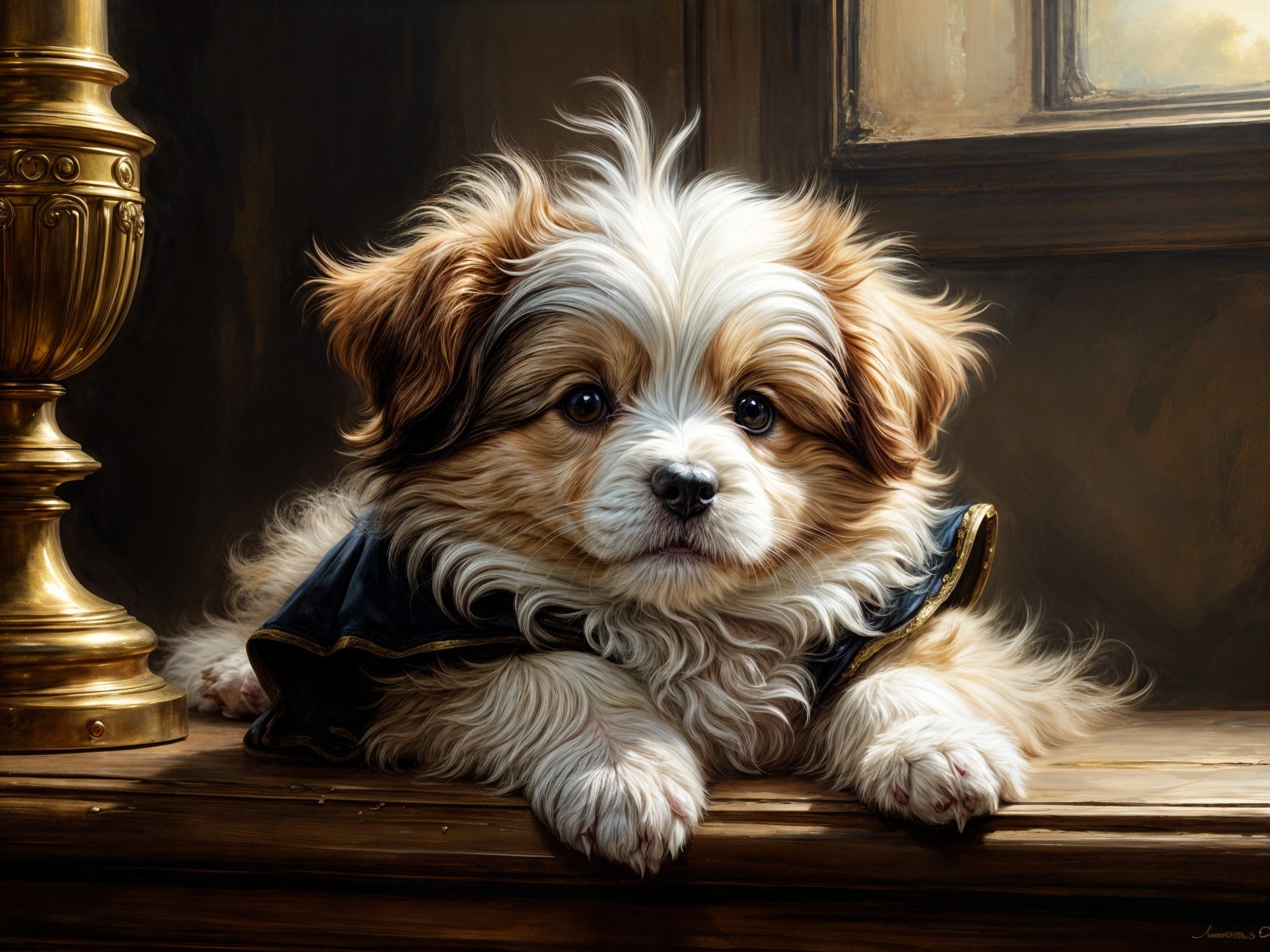 Fluffy Brown and White Puppy in Cozy Setting