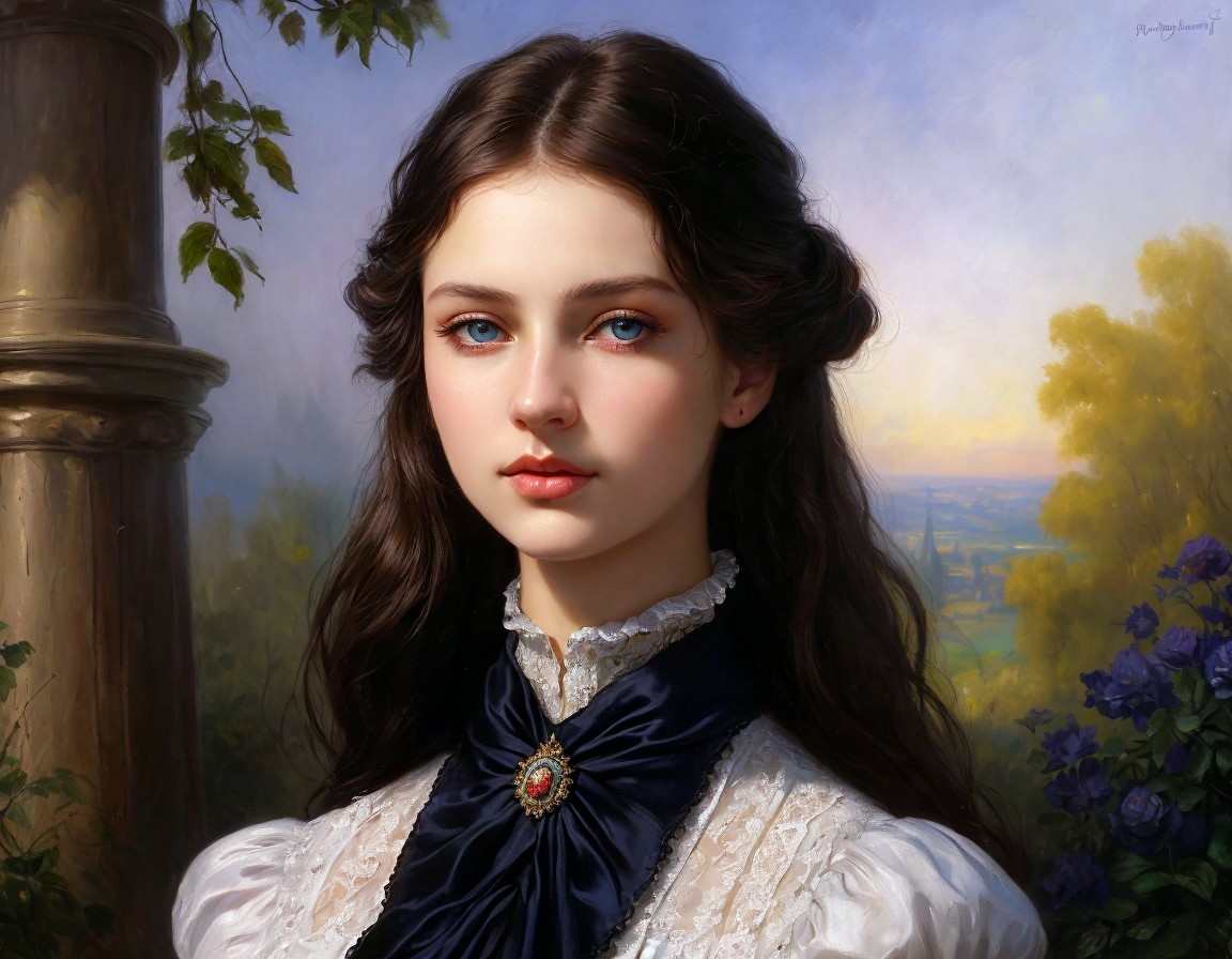 Young woman in Victorian-style dress with deep blue eyes and dark hair.
