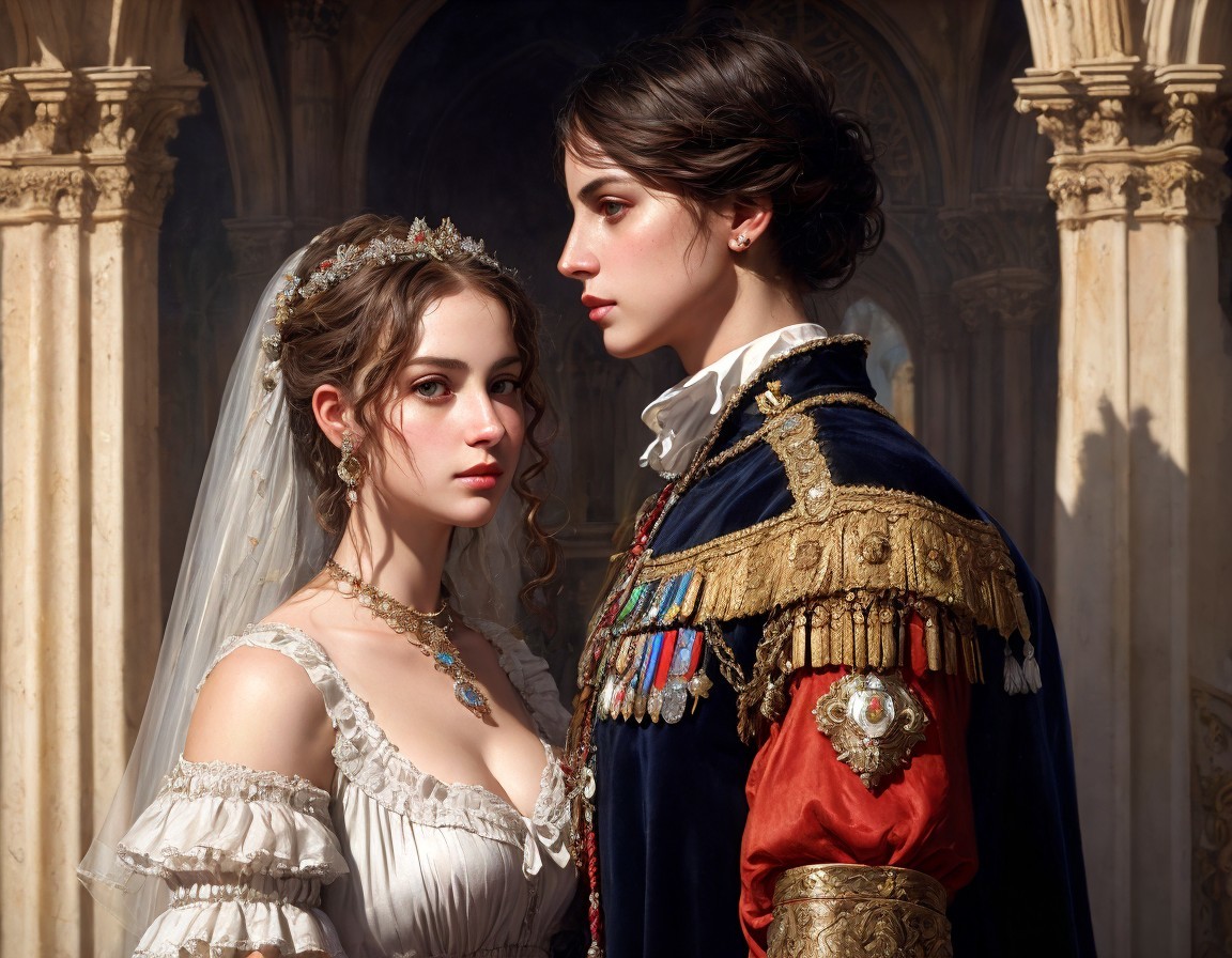 Bride in gown with man in military uniform under grand archway