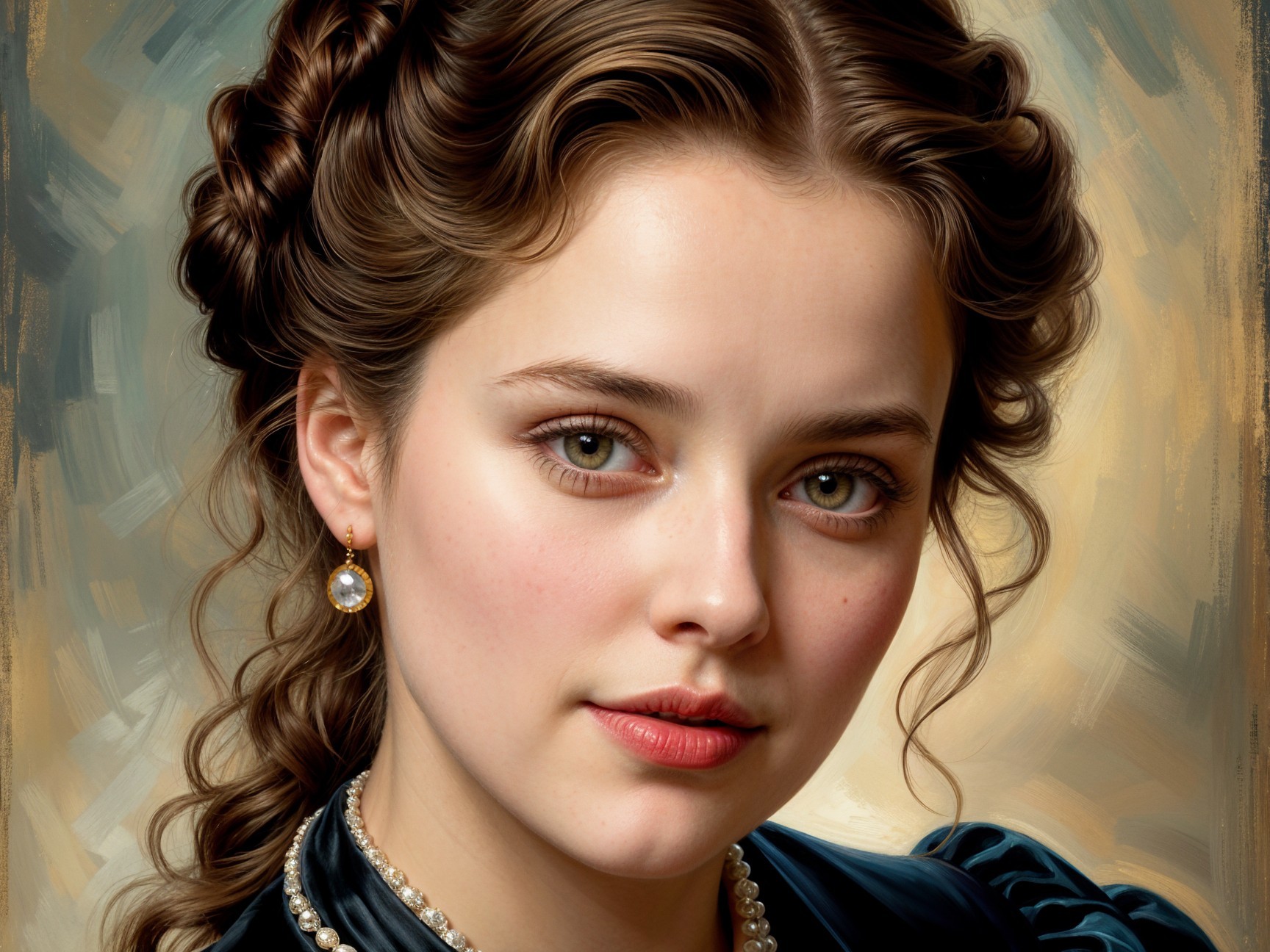 Elegant Young Woman with Dark Curls and Green Eyes
