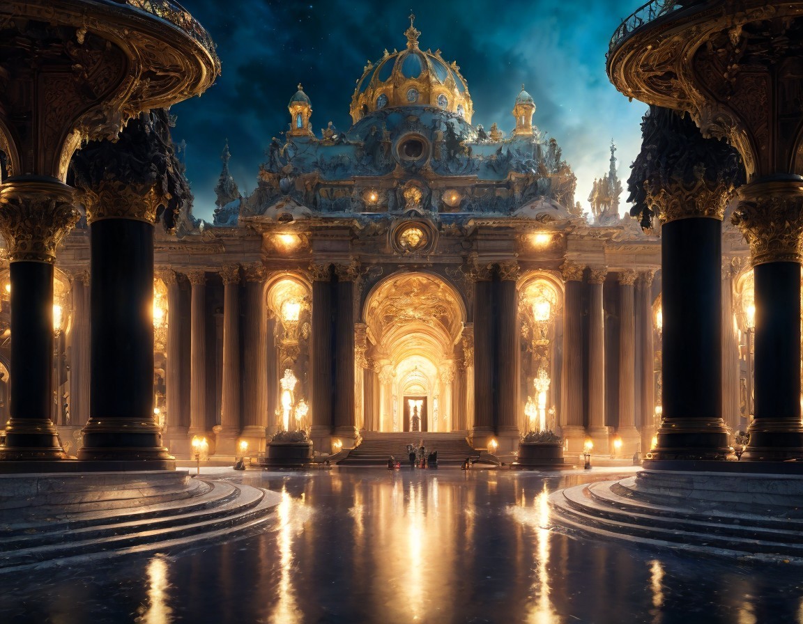 Opulent Baroque Palace Interior with Columns and Golden Details