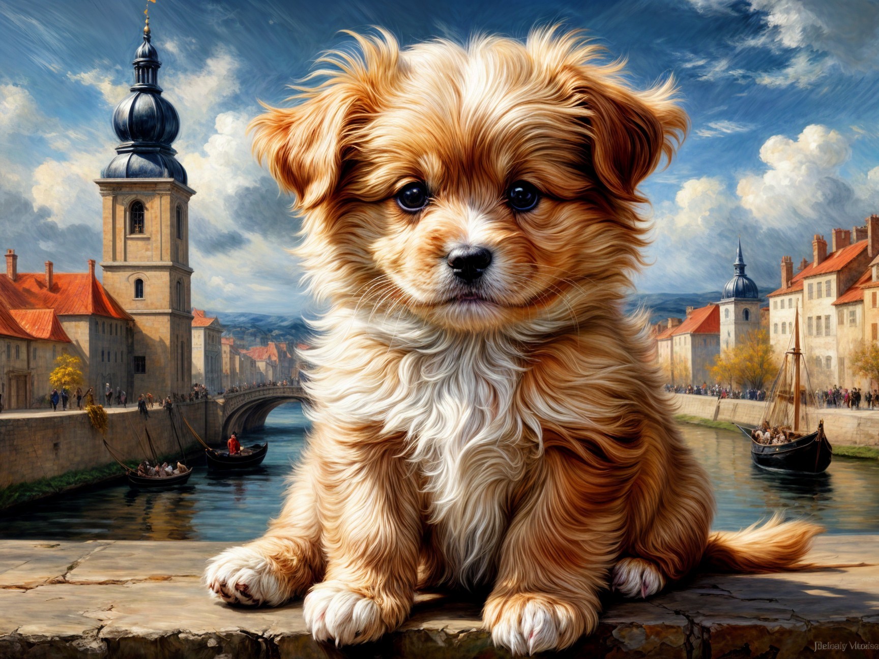 Fluffy Puppy with Scenic Riverside Background