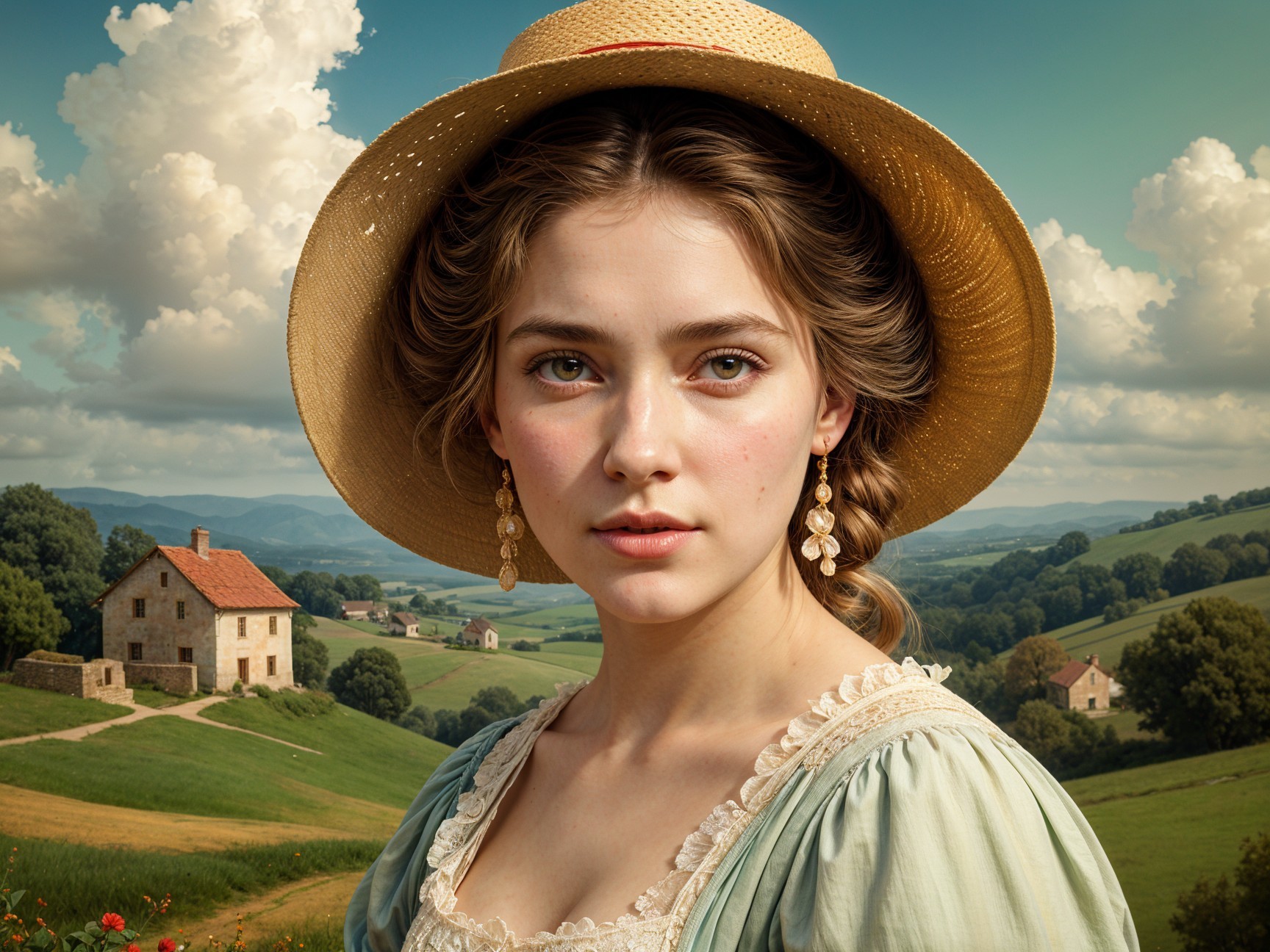 Young Woman in Blue Dress in Scenic Rural Landscape