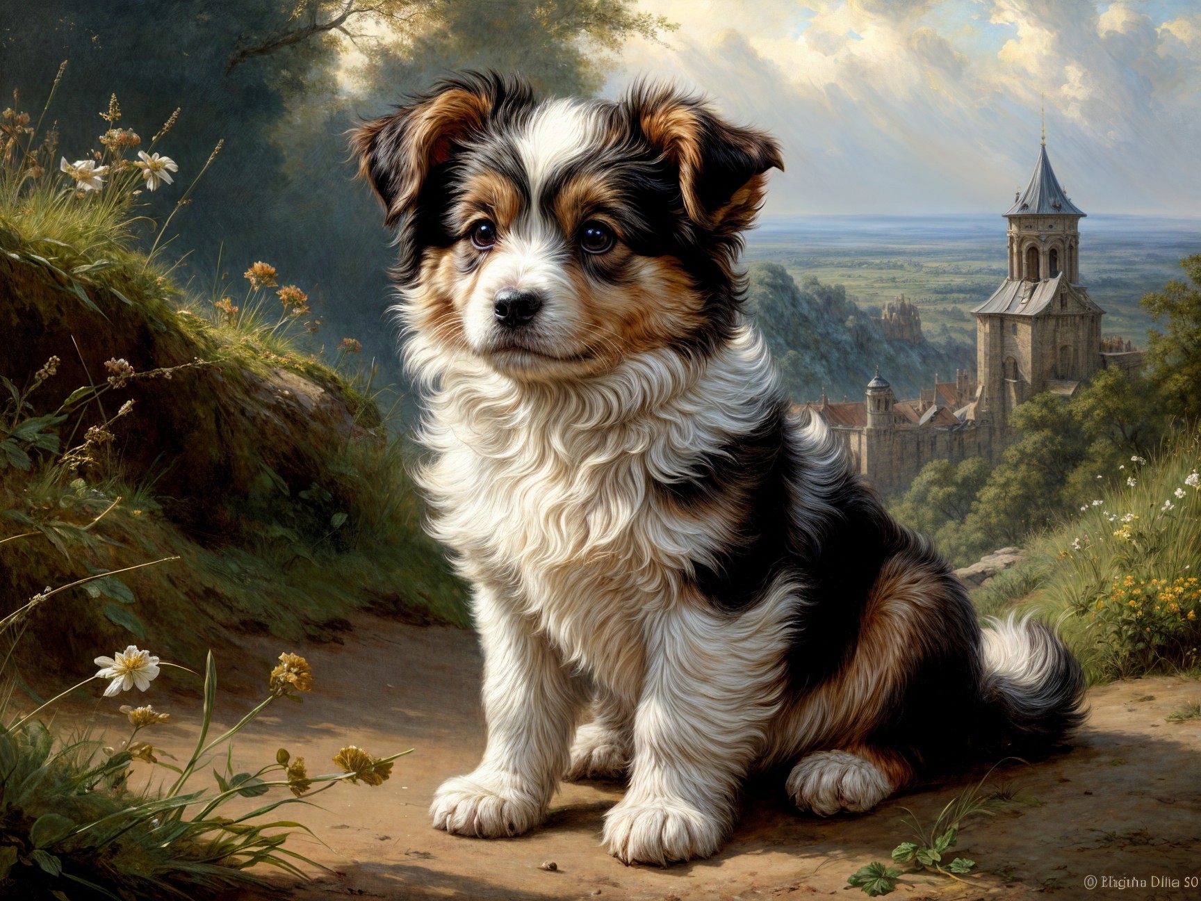 Tri-color puppy on a dirt path with wildflowers
