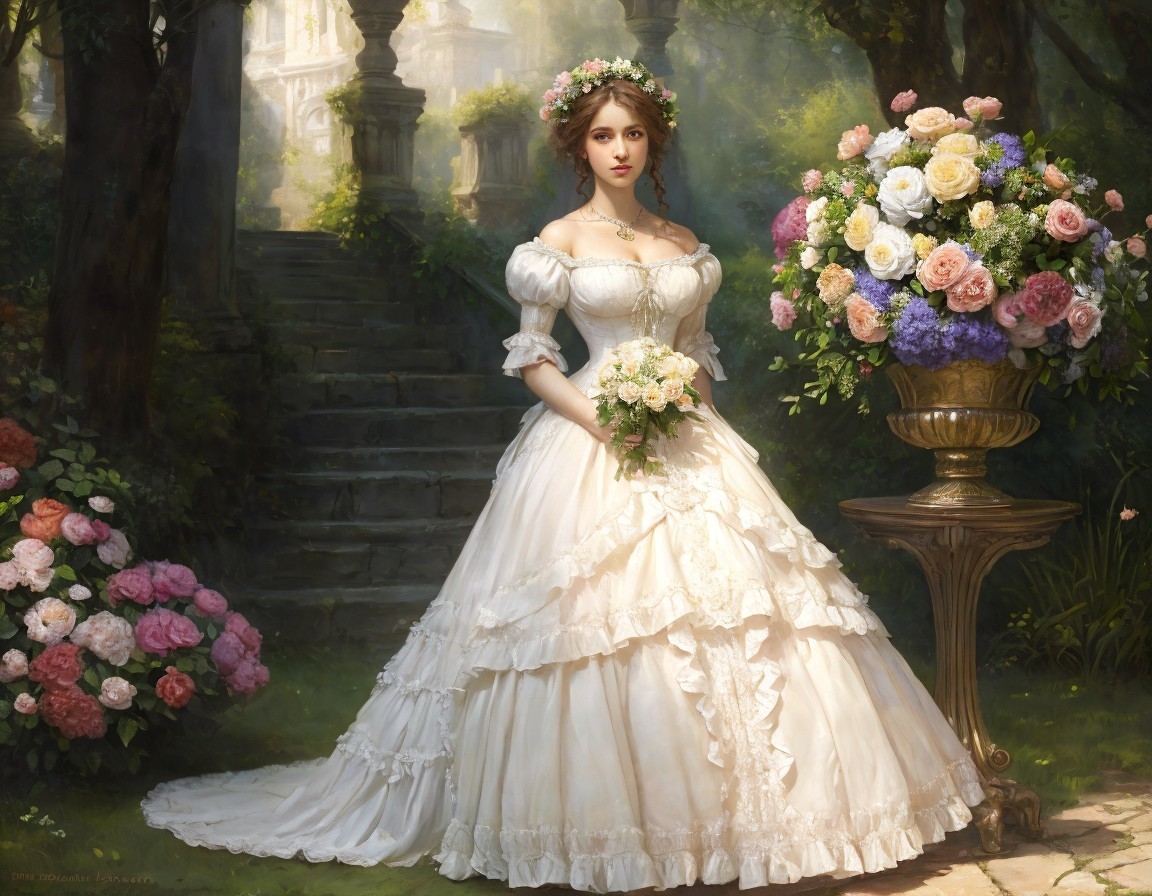 Woman in white vintage dress with floral headpiece in garden with staircase and sunlight.