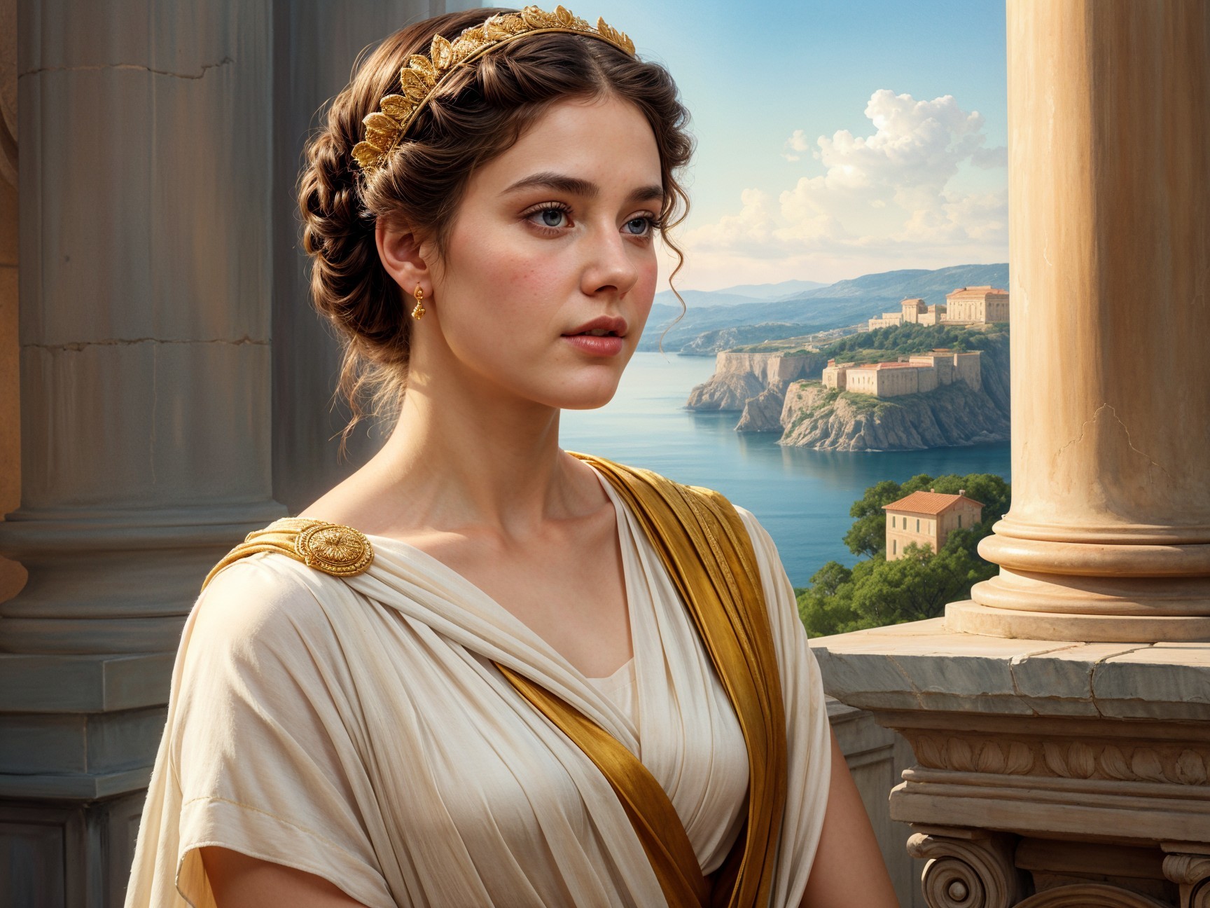 Young Woman in Elegant Drapery by Classical Column