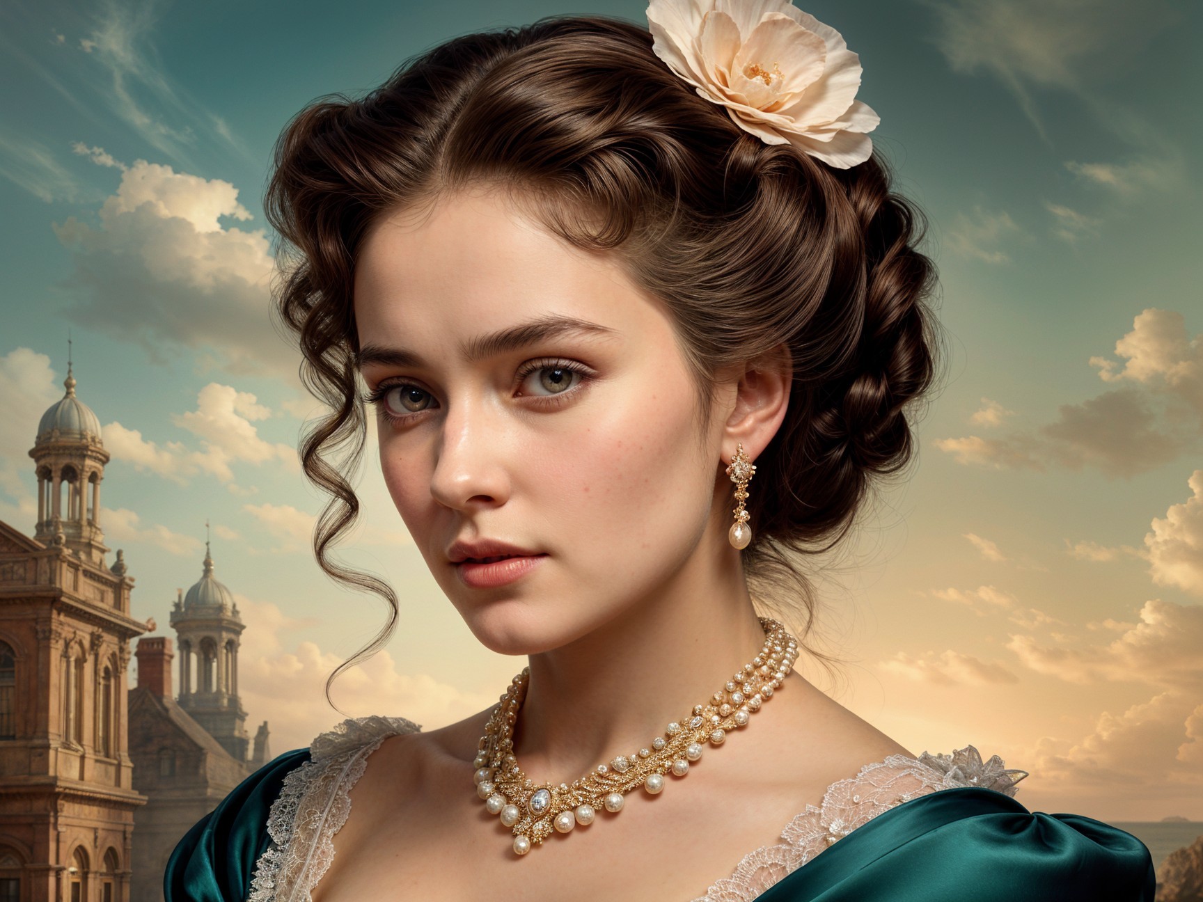 Elegant Woman in Vintage Gown with Floral Accents