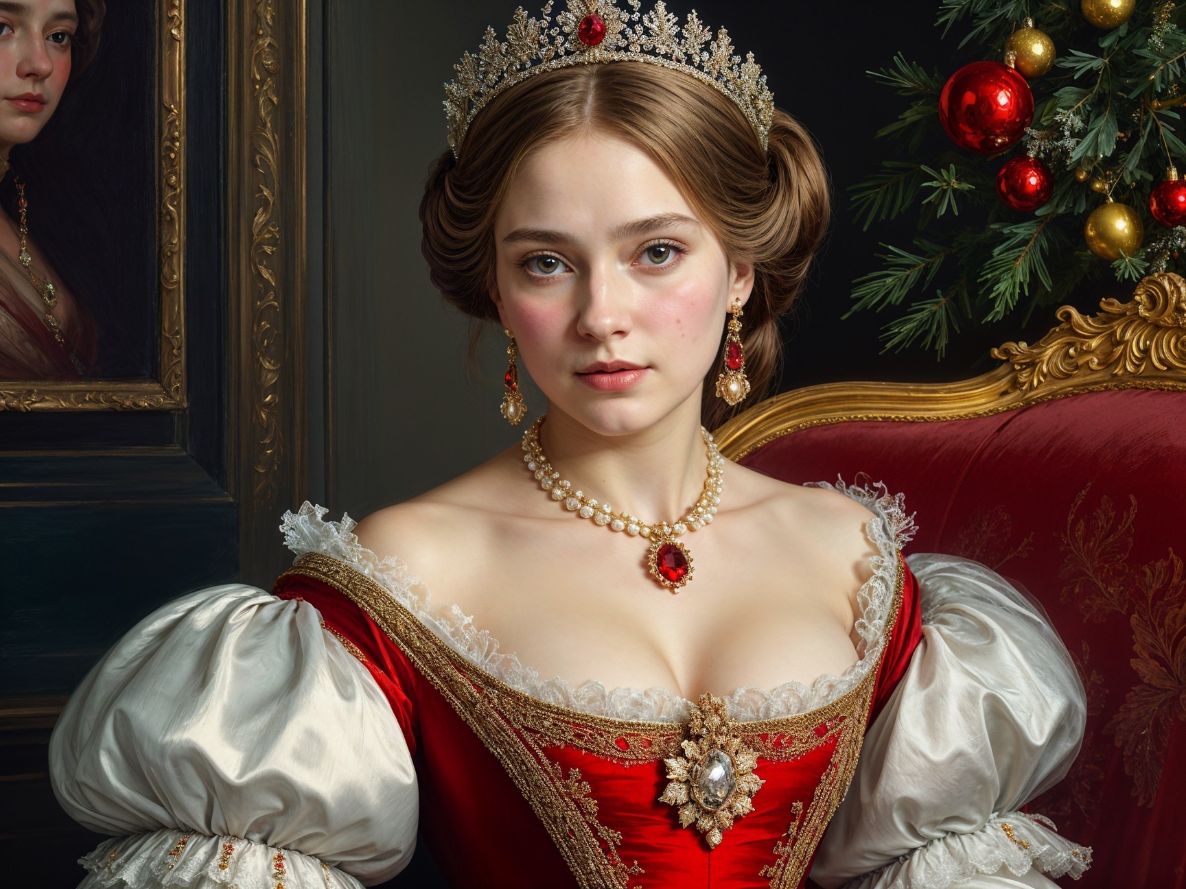 Young woman in red gown with crown and pearl jewelry