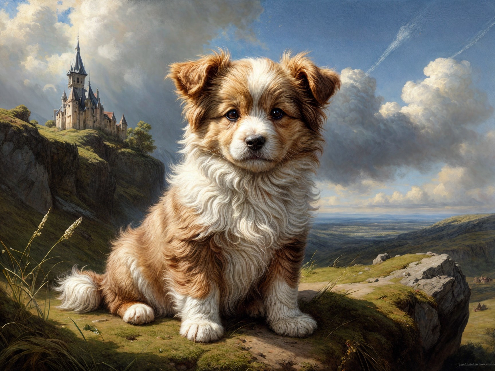 Fluffy Puppy on Grassy Hill with Castle Background