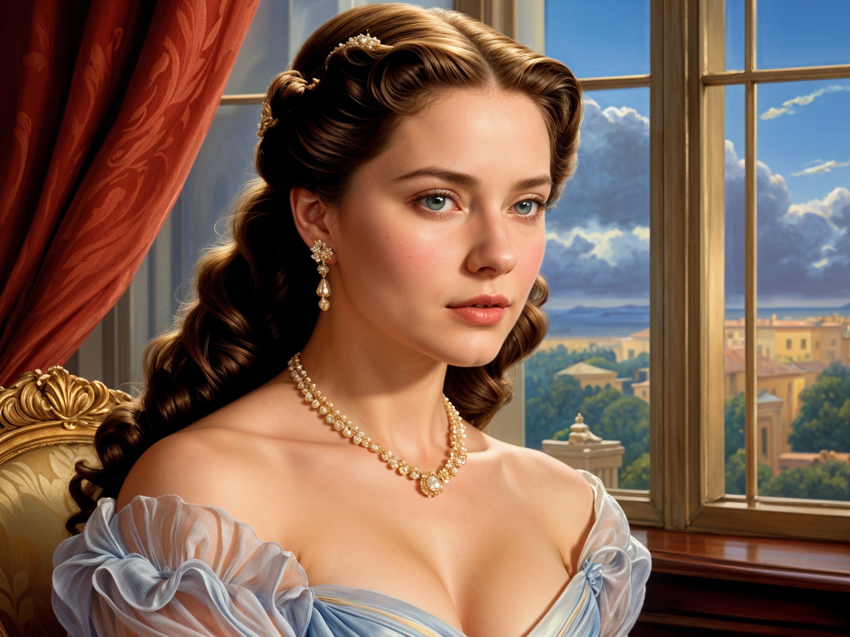 Elegant Woman in Blue Gown in Grand Room Setting