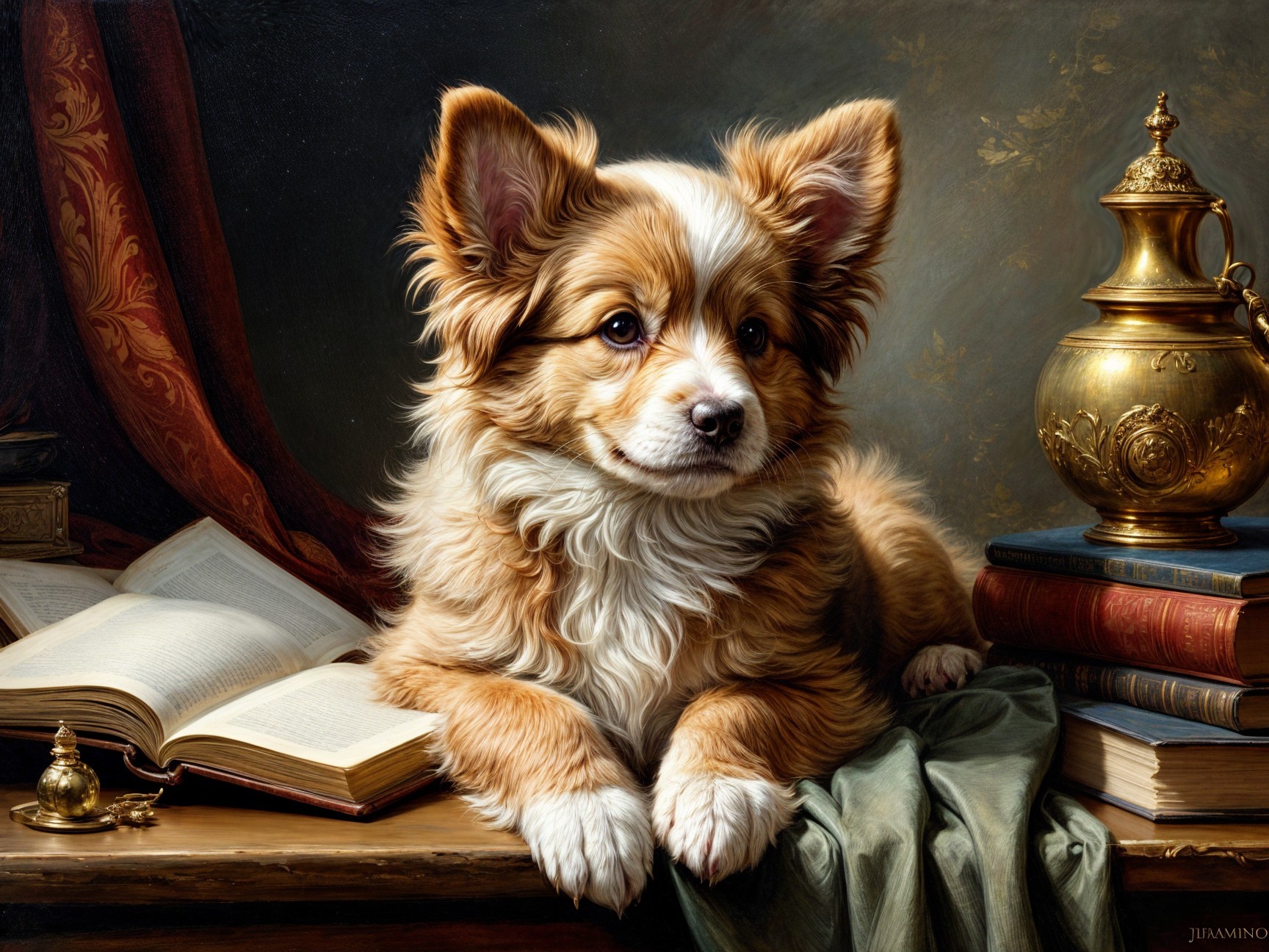 Corgi Puppy on Table Surrounded by Books and Decor