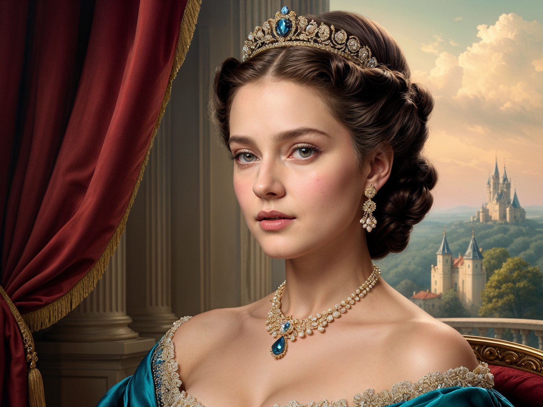 Young woman in teal gown with castle backdrop