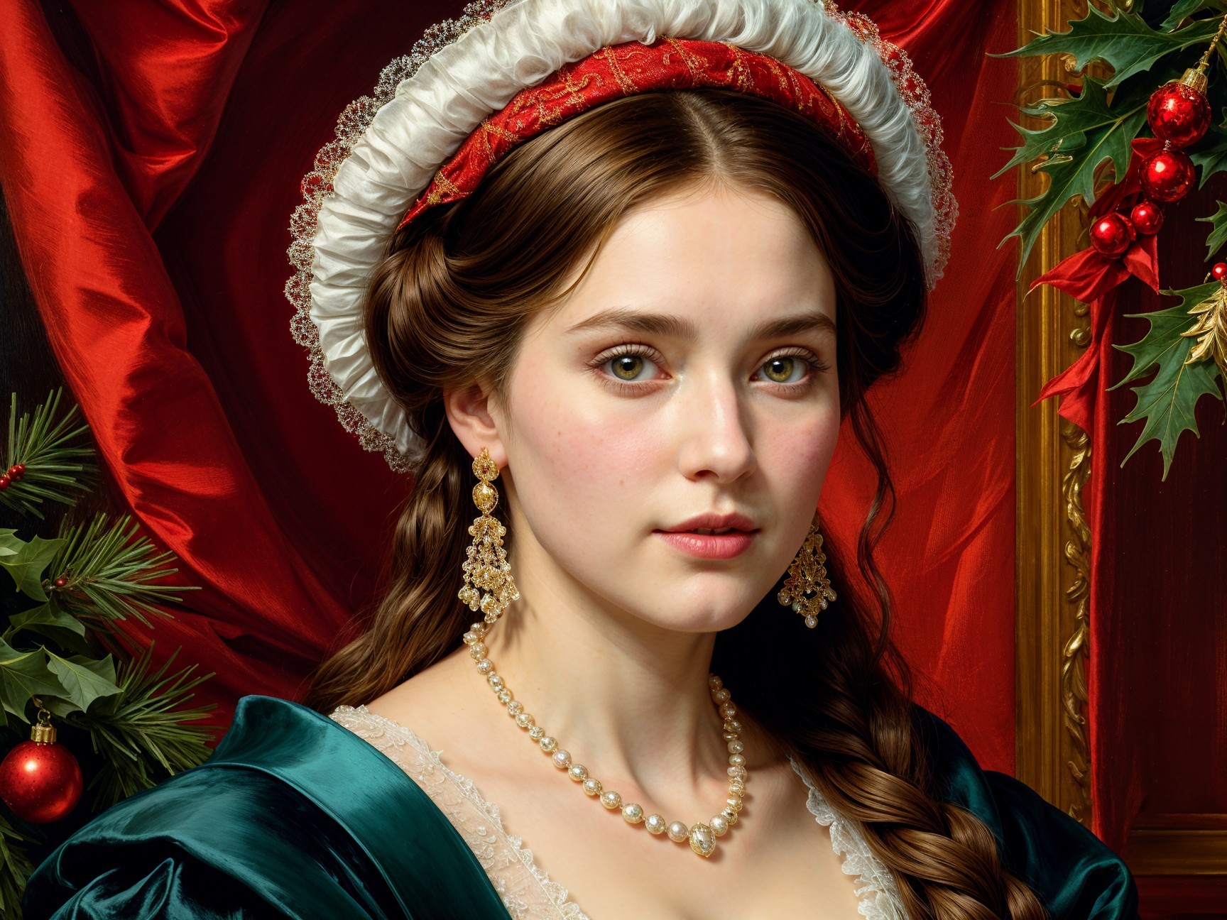 Young woman in emerald gown with festive backdrop